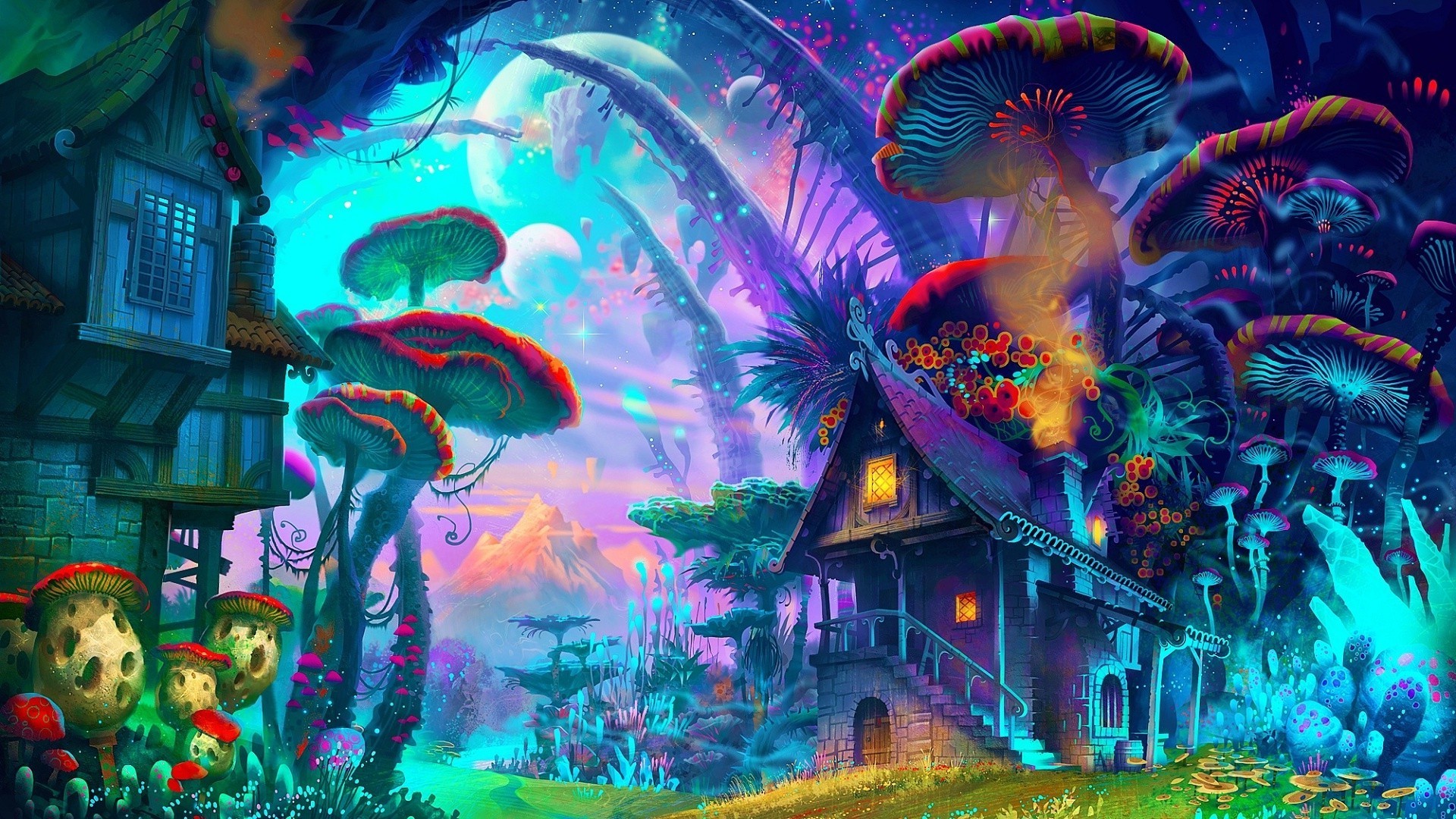 1920x1080 fantasy Art, Drawing, Nature, Psychedelic, Colorful, House, Mushroom,  Planet, Plants, Mountain Wallpapers HD / Desktop and Mobile Backgrounds