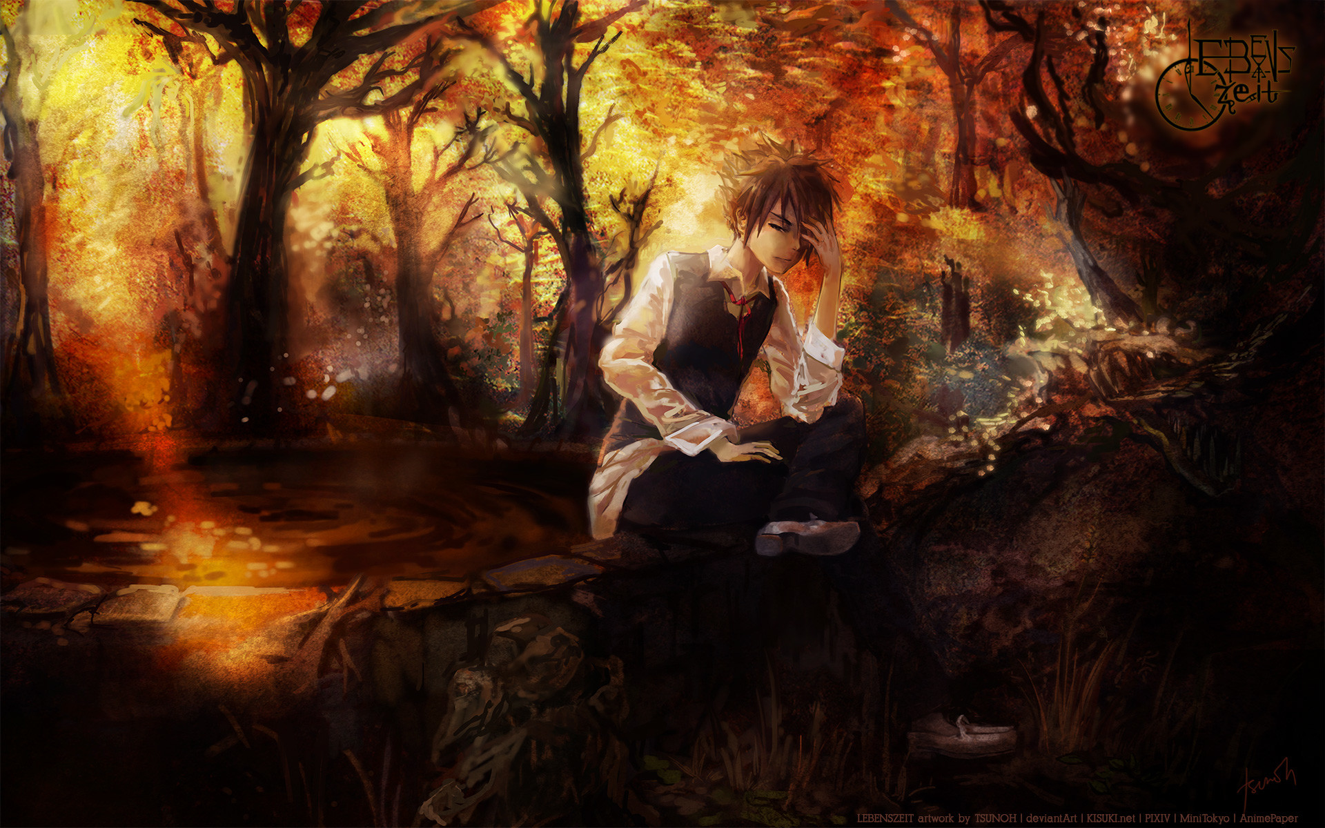 Wallpaper Cute, Fall, Trees, Pretty Anime Girl, Smiling, Sitting, Autumn -  Resolution:4066x1940 - Wallpx