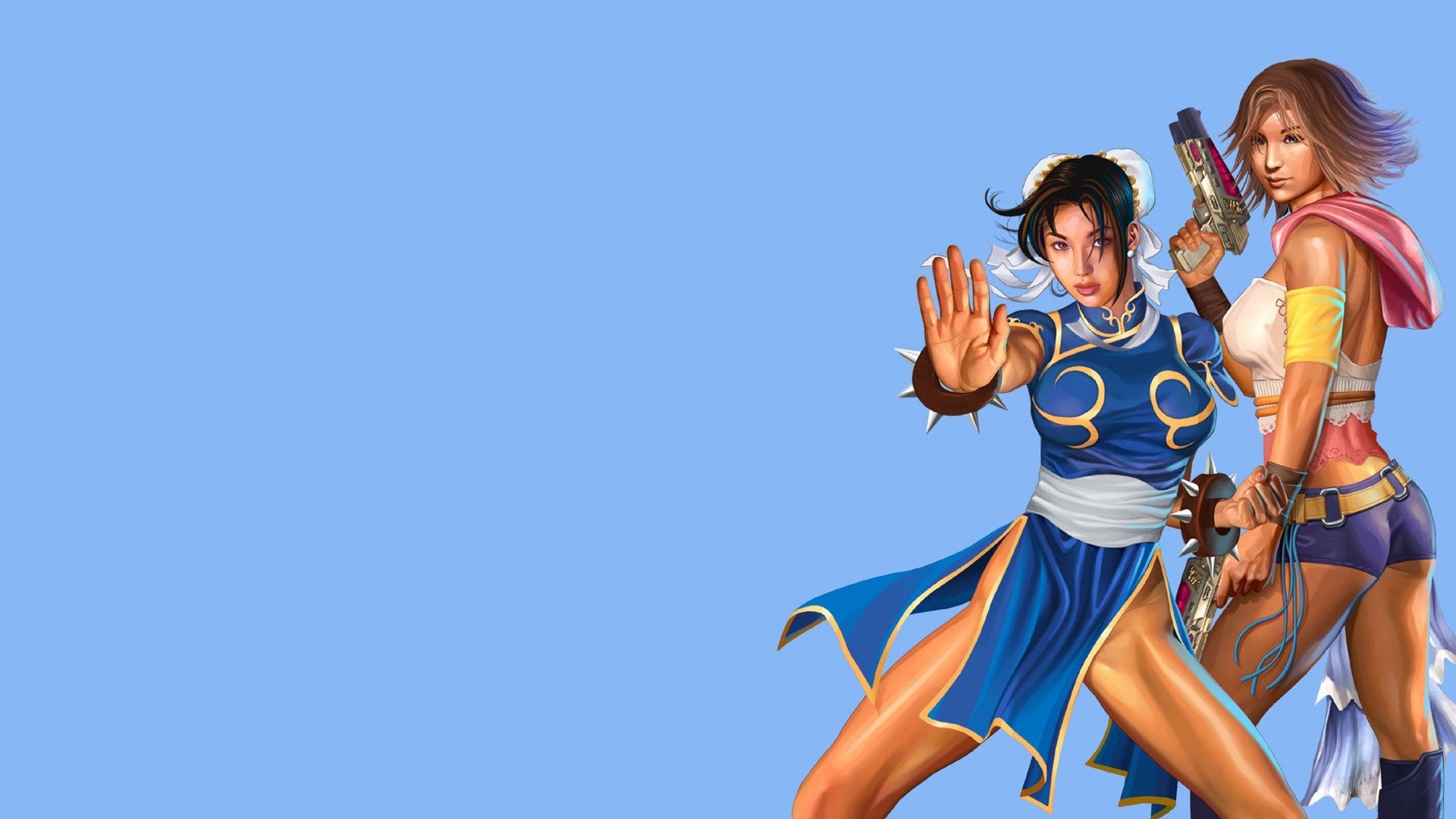 1920x1080 Chun Li, Yuna, Street Fighter, Final Fantasy, Illustration, Blue background