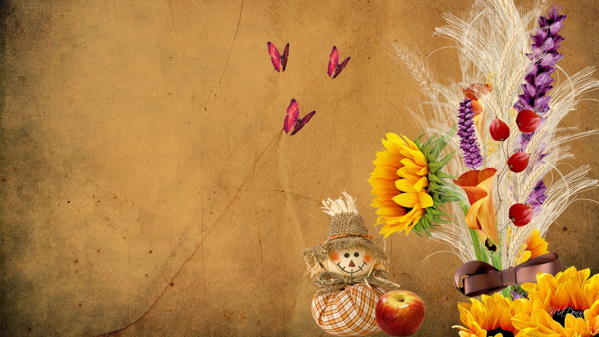 1920x1080 Parchment Tag - Tan Paper Sunflower Autumn Bow Parchment Ribbon Doll Apple  Wheat Seeds Fall Scare