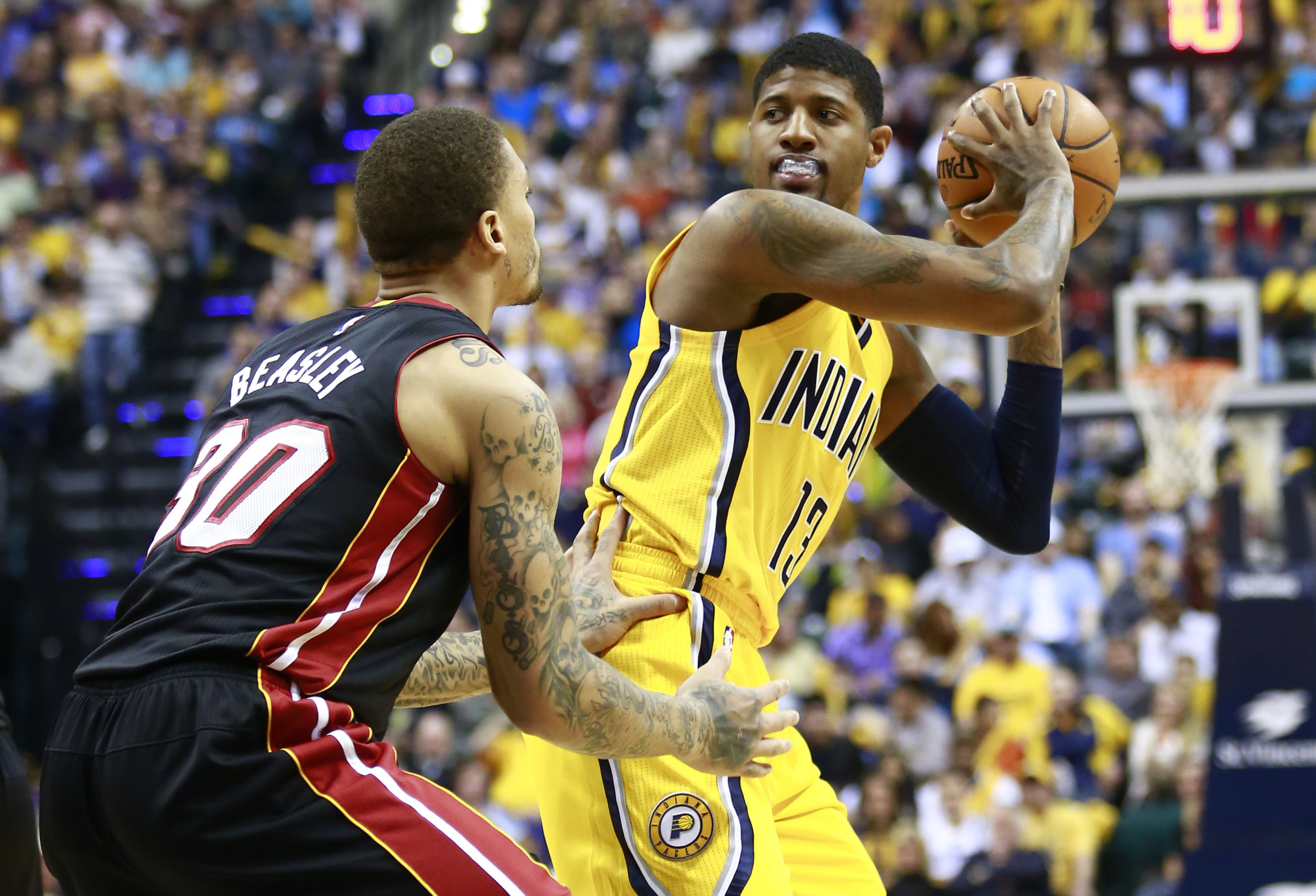 3048x2076 Back in the saddle: Pacers forward Paul George is defended by the Heat's  Michael Beasley