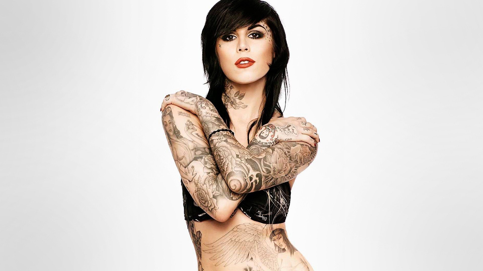 1920x1080 Kat Von D, Brunette, Tattoo, Simple background HD Wallpapers / Desktop and  Mobile Images & Photos