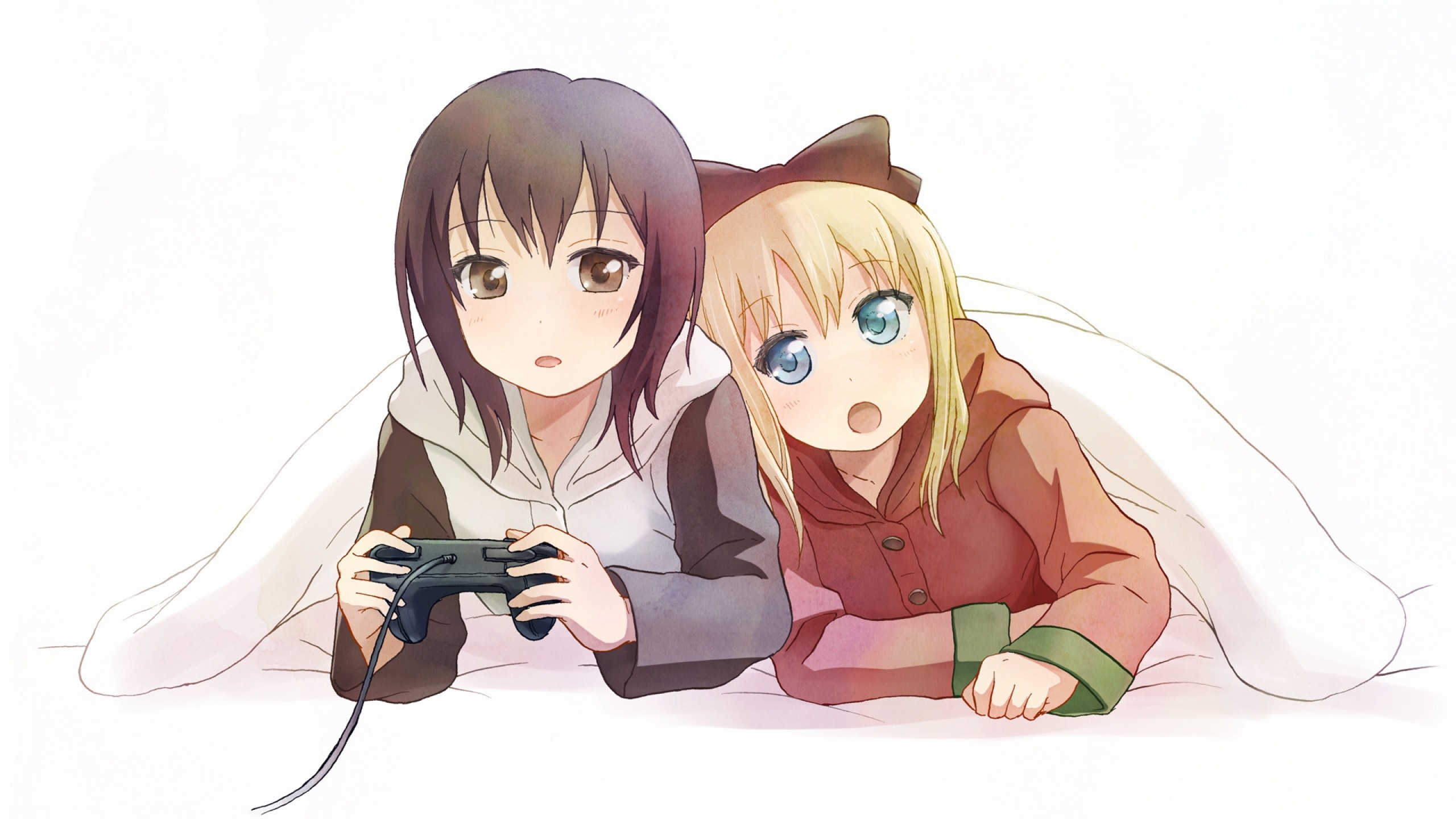 2560x1440  Wallpaper anime, girls, game, console, blanket