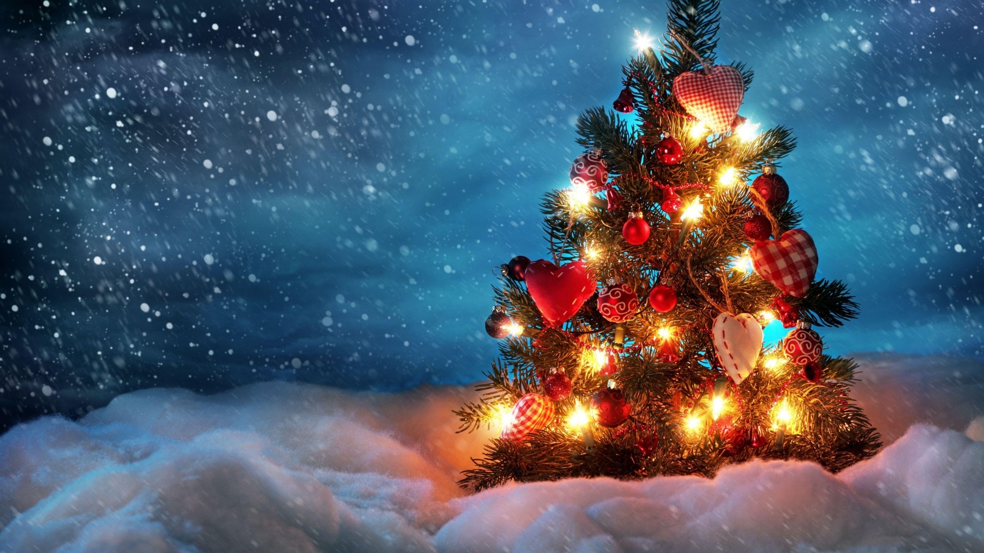 1920x1080  Wallpaper tree, new year, christmas, snow, holiday, night, garland