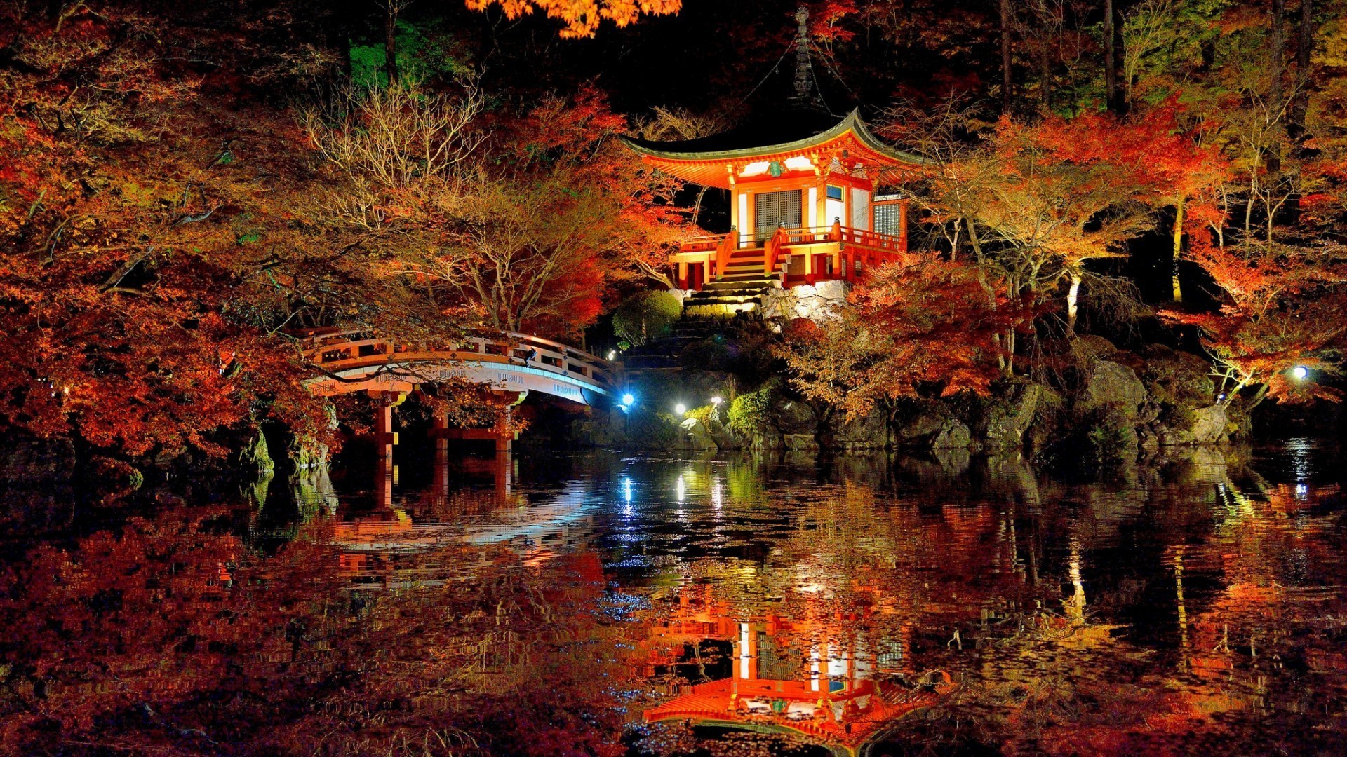 1920x1080 nature, Trees, Forest, Leaves, Fall, Branch, Japan, Bridge, Night, Asian  Architecture, Lights, Lake, Water, Rock, Reflection, Stairs Wallpapers HD /  Desktop ...