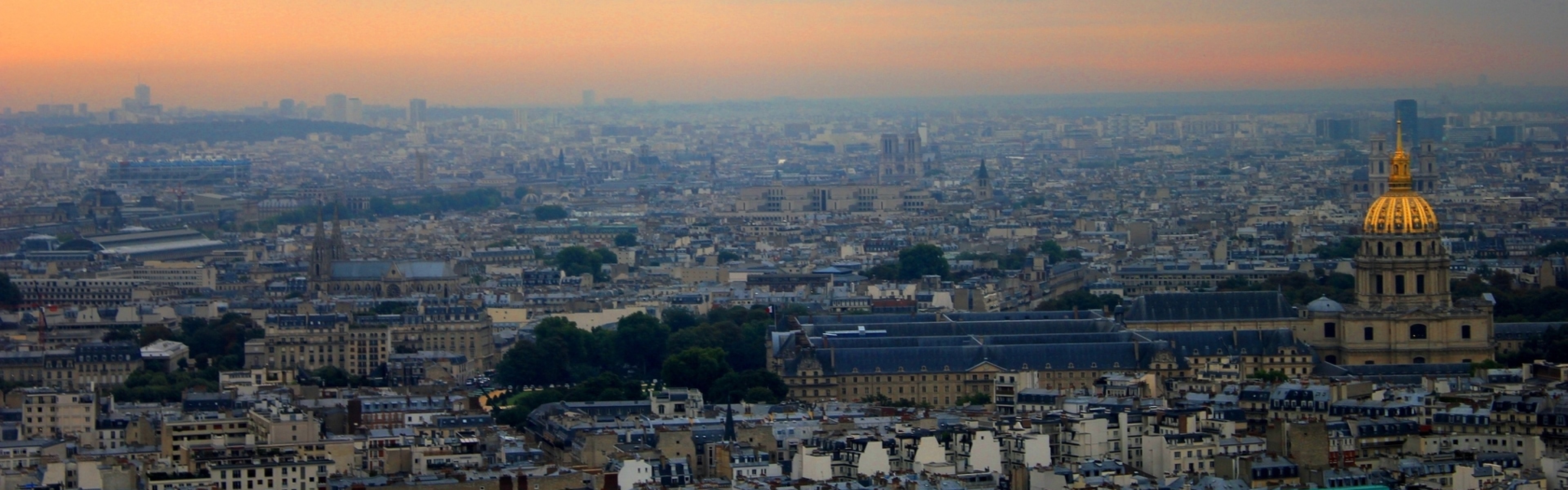 3840x1200 Preview wallpaper landscape, paris, panorama, sky 