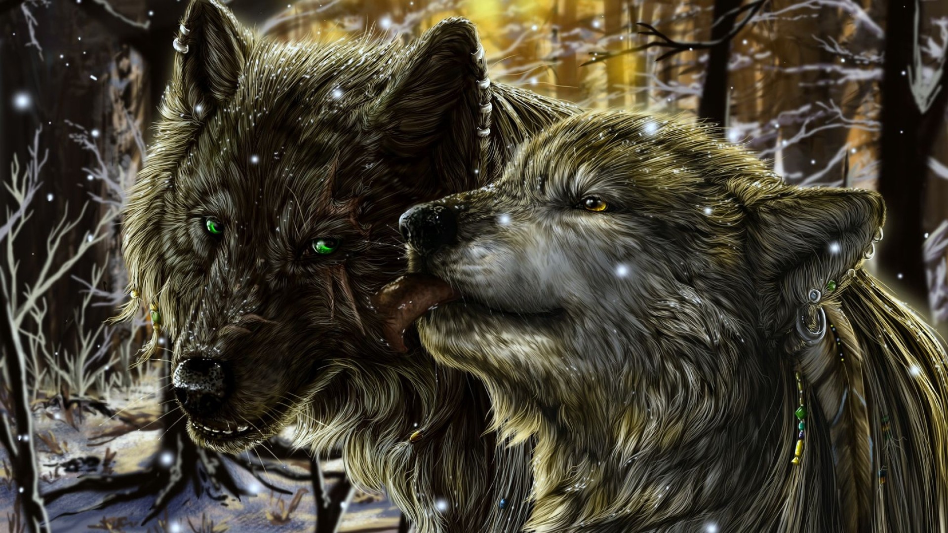 1920x1080 wolf couple winter snowfall romantic green eyes forest