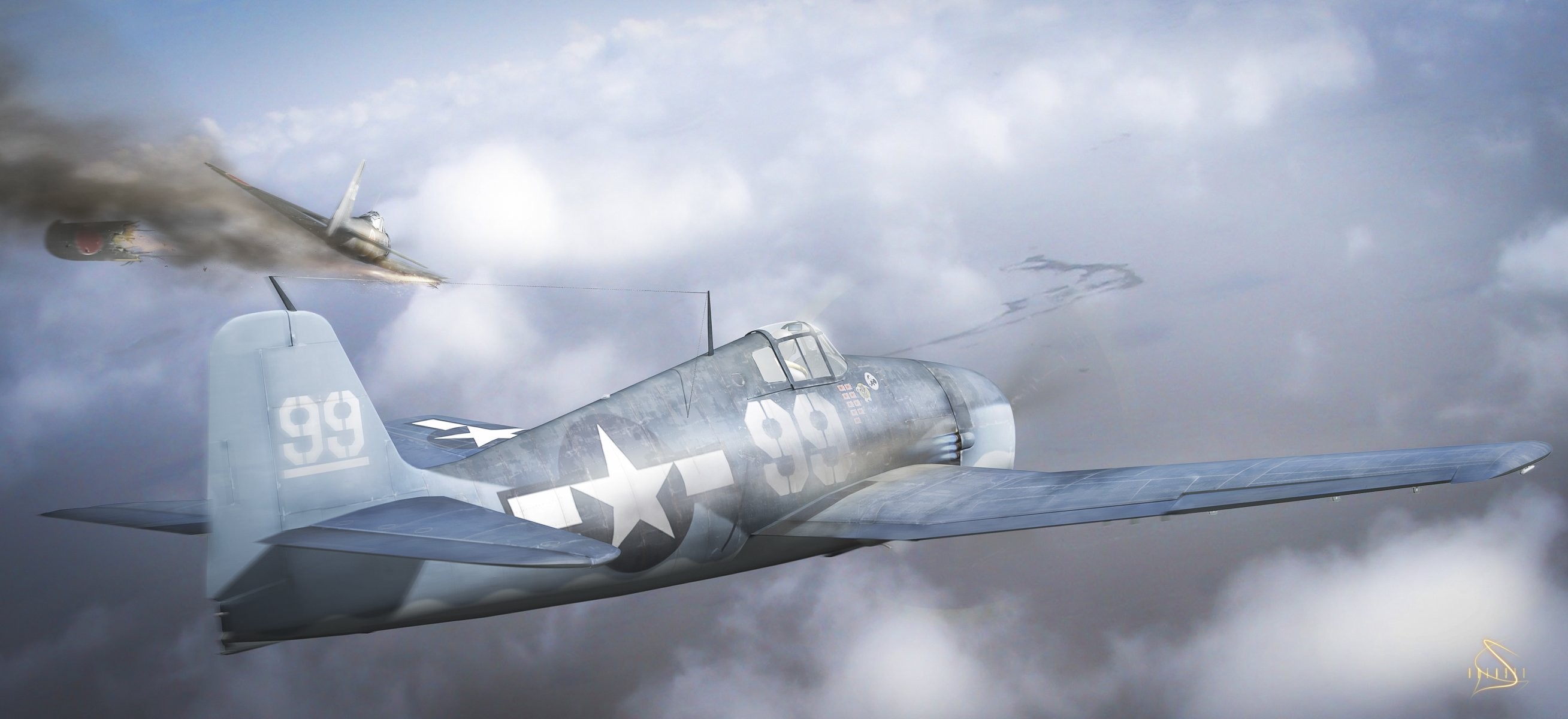 2617x1200 art planes in the sky flight battle smoke the battle of the philippine sea  world war