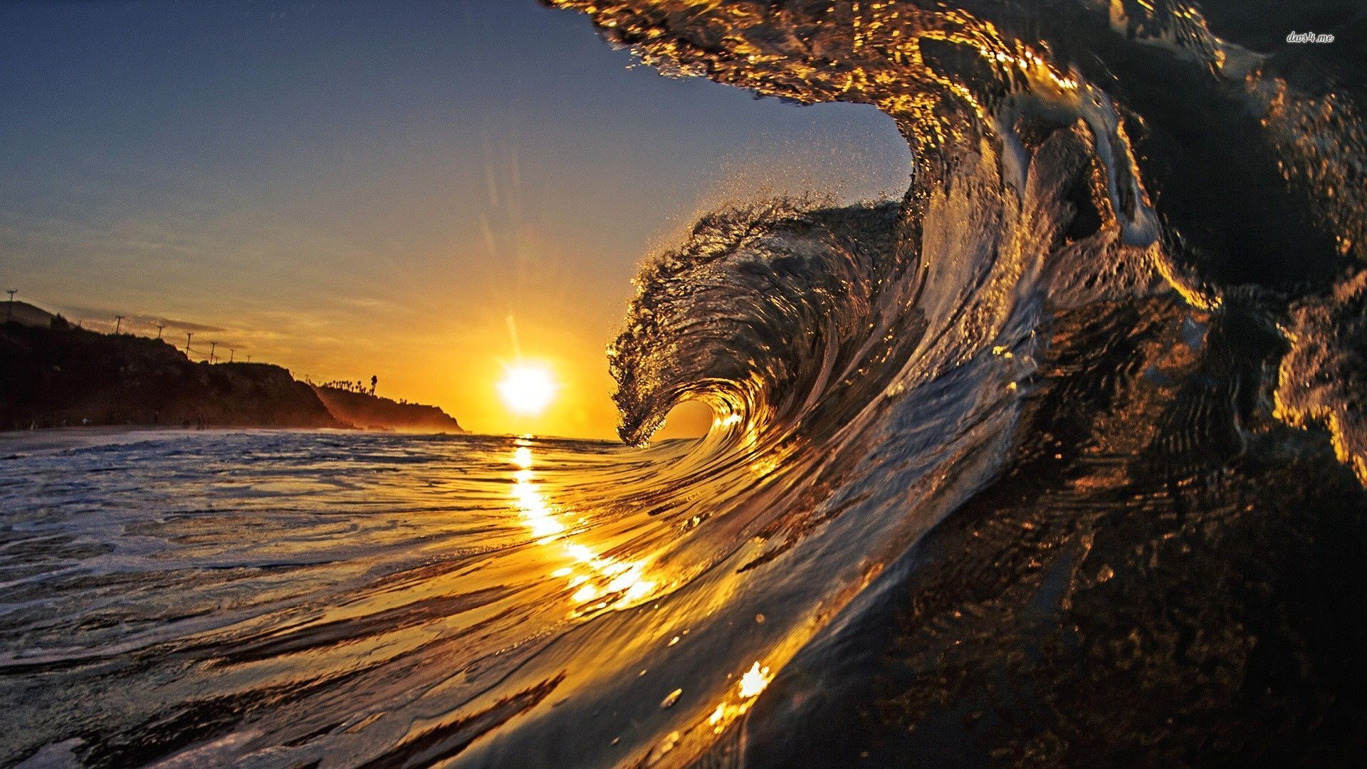 1920x1080 Wonderful Beach Wave Sunset Wallpaper