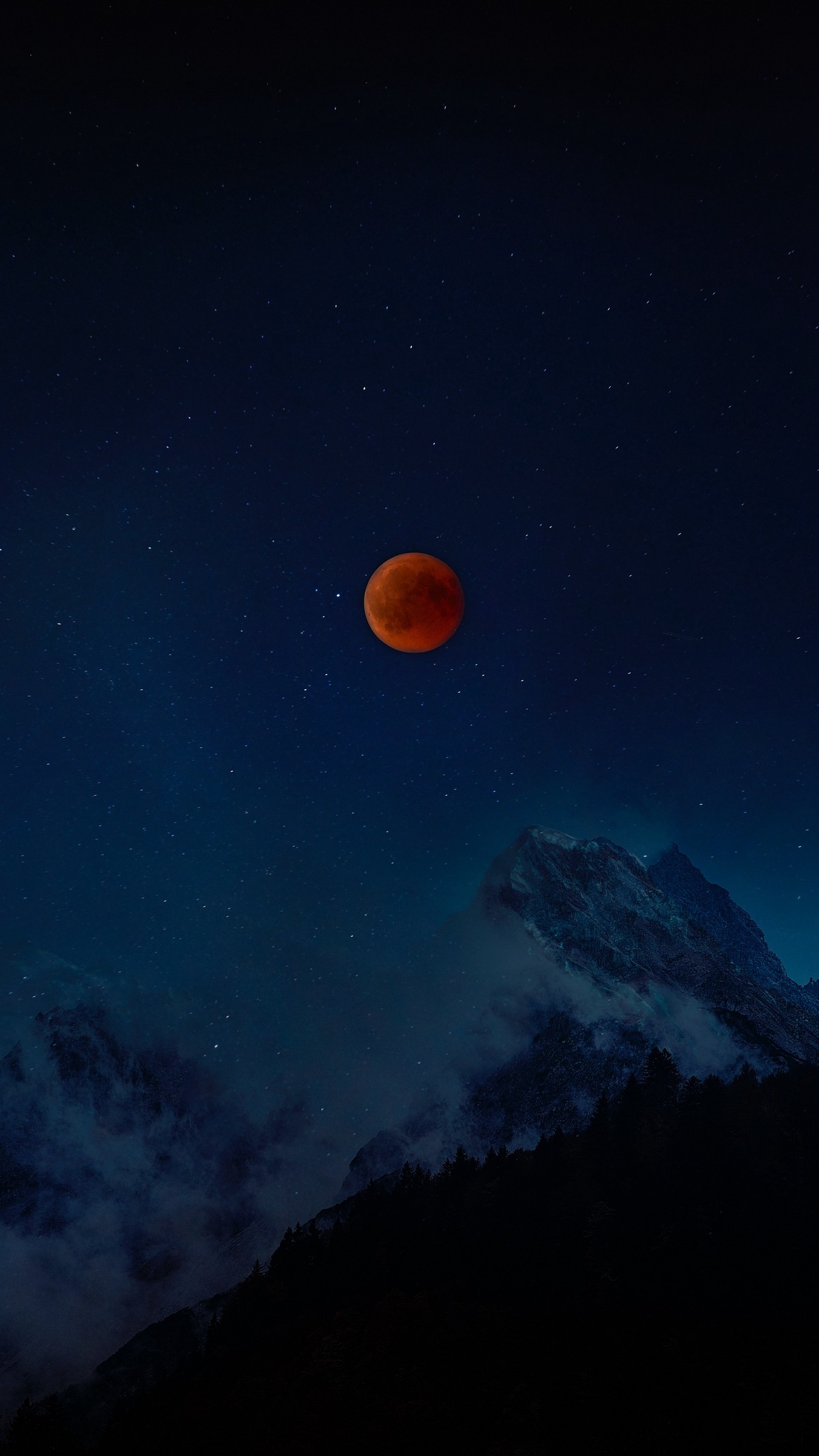 1350x2400  Wallpaper full moon, red moon, starry sky, mountains, night