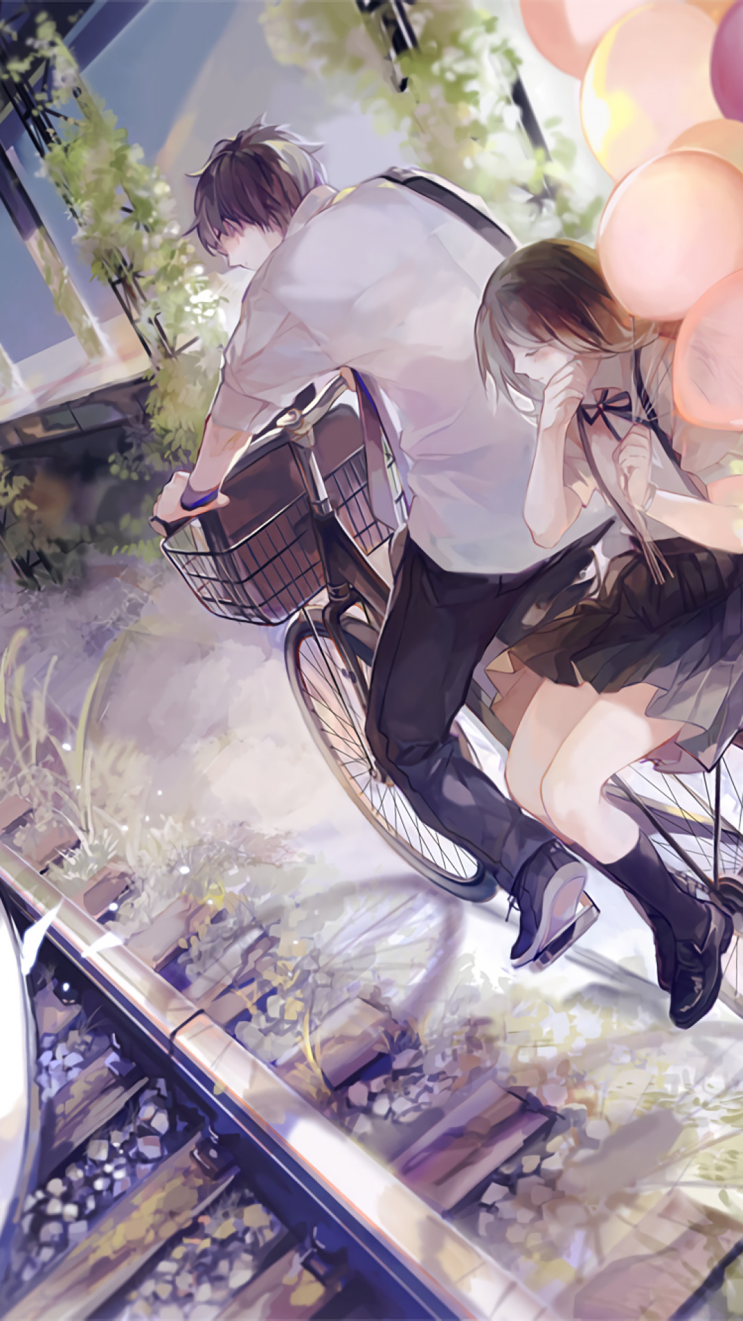 1080x1920 Anime Couple, Romance, Train Station, Bicycle, Balloons, School Uniform