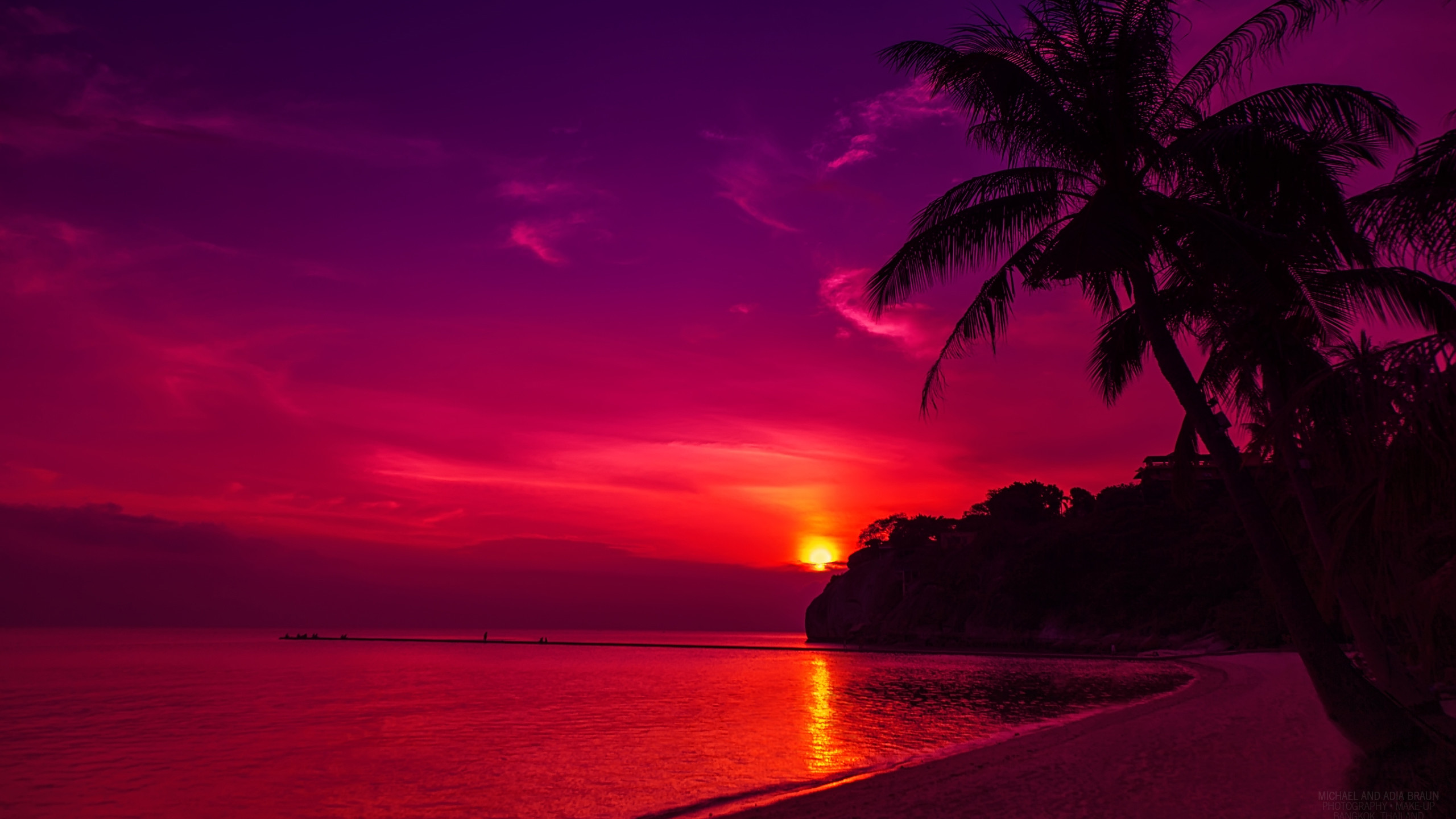 2560x1440 Pink Beach Sunset Evening Fhd Wallpaper