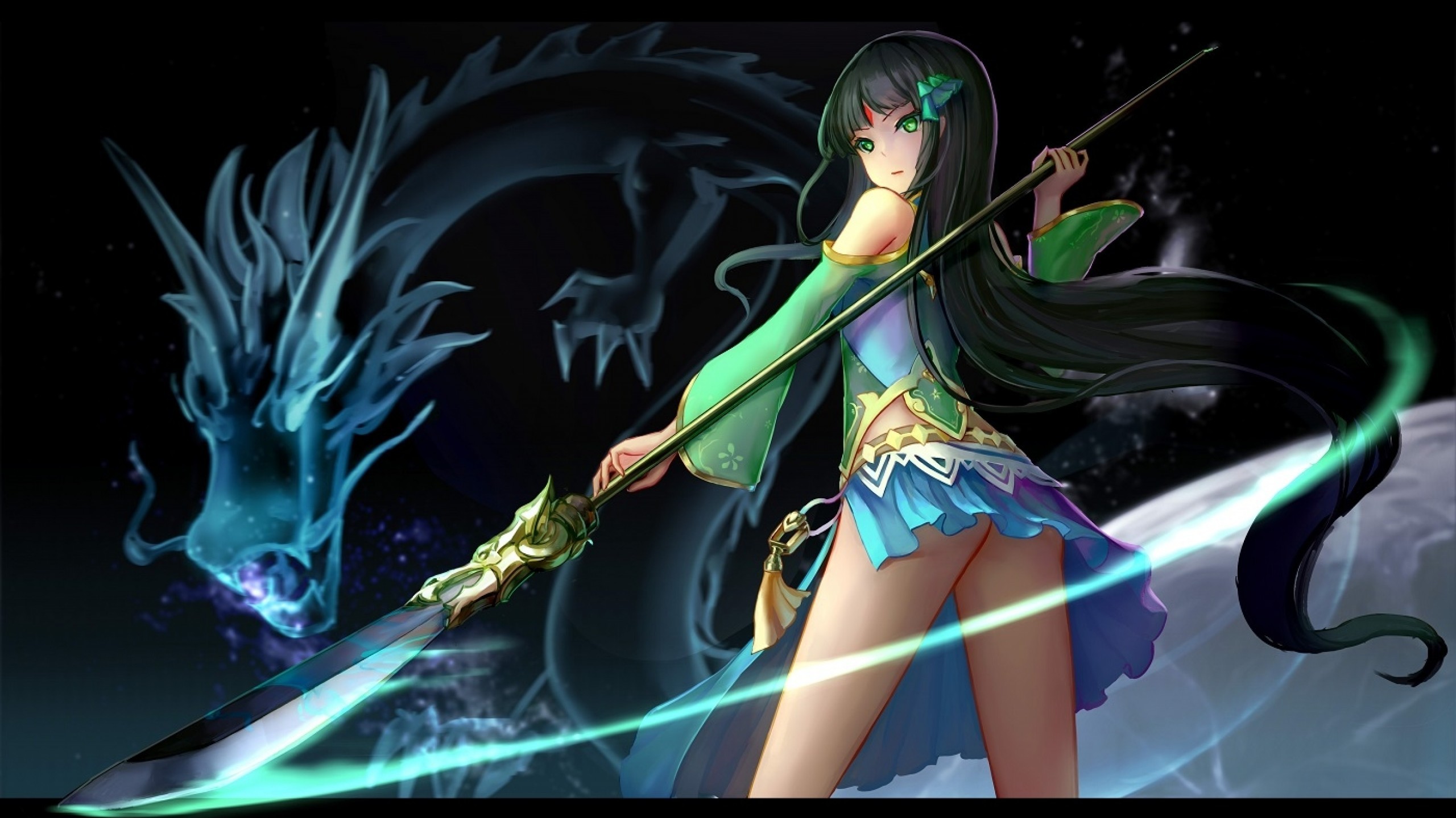 2560x1440 Anime Girl, Spear, Long Hair, Dragon