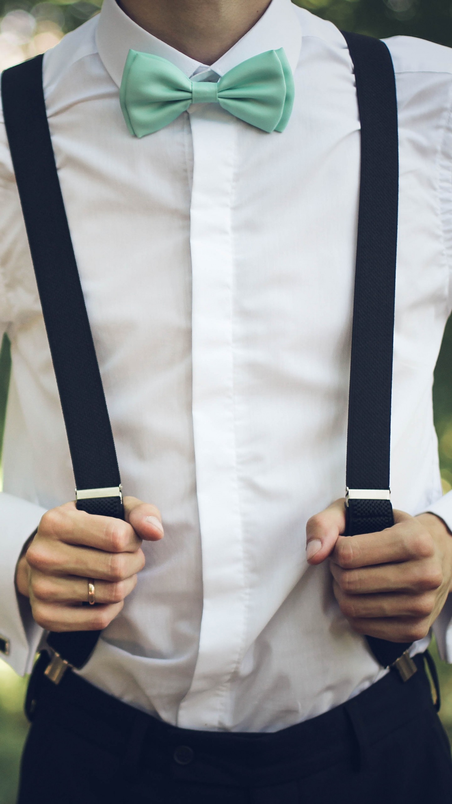 1440x2560  Wallpaper boyfriend, bridegroom, attire, suspenders, shirt, bow  tie