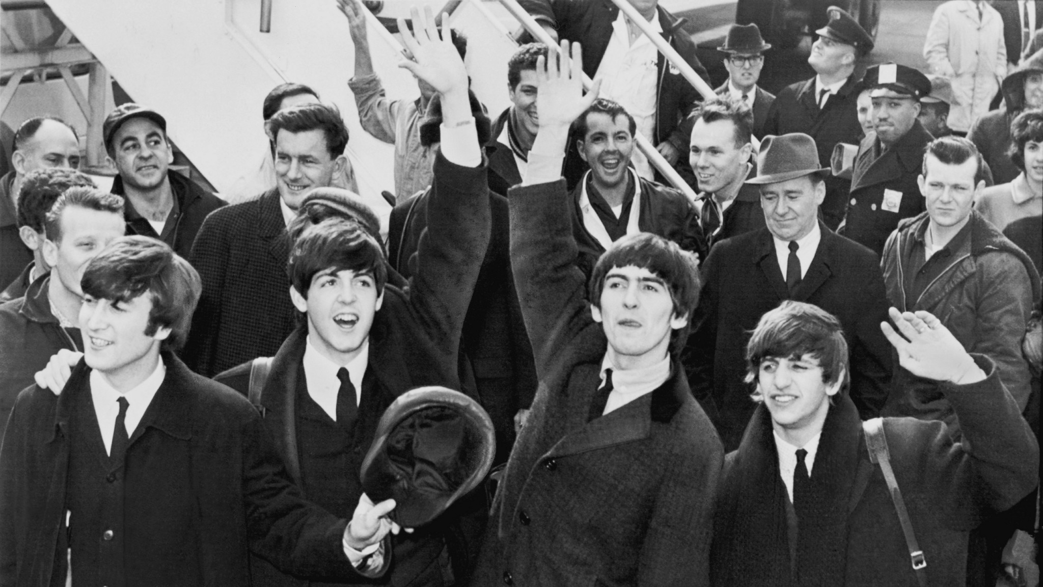 2048x1152 Preview wallpaper the beatles, band, members, suits, joy 