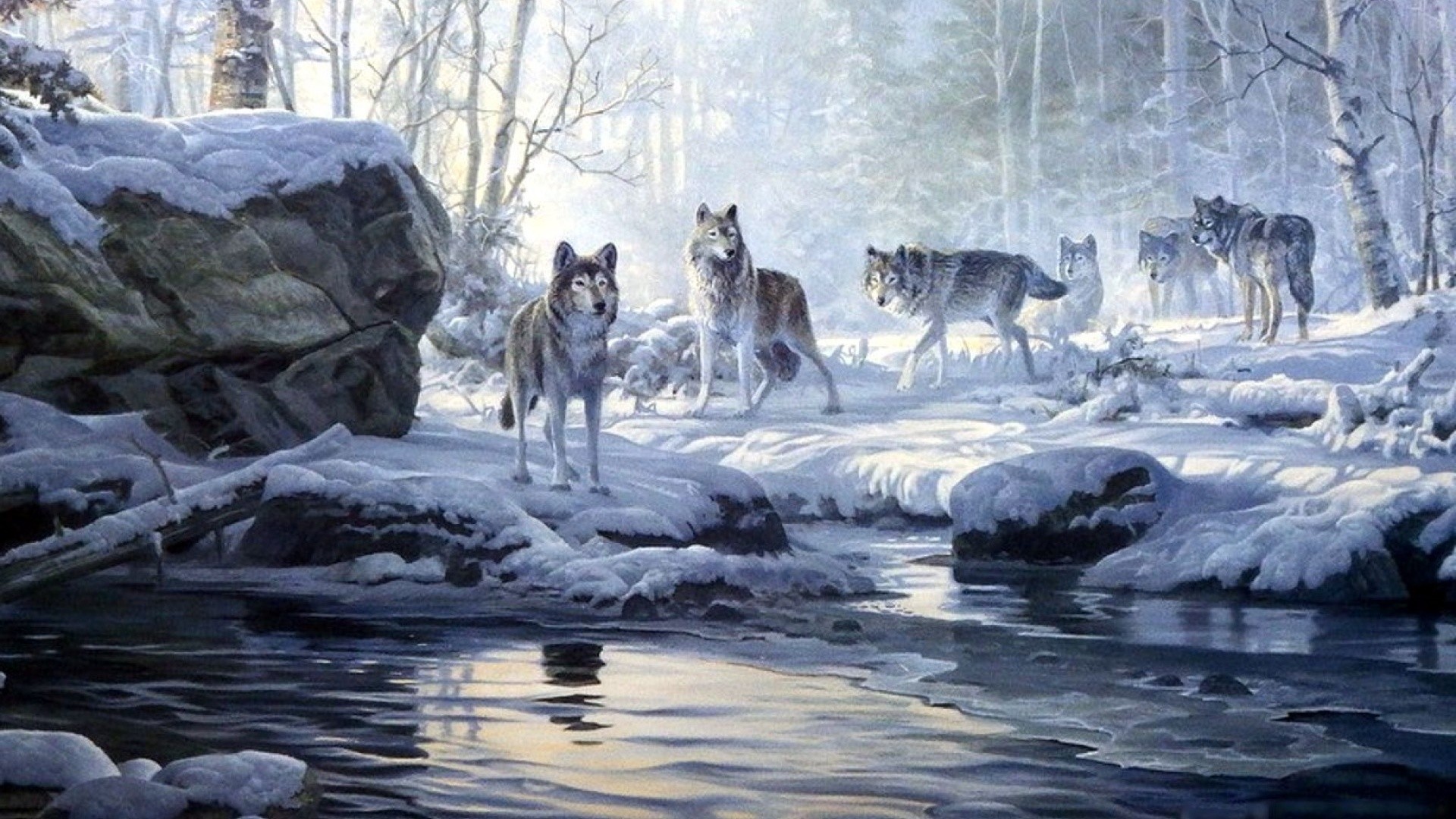 1920x1080  Winter Forest Wolves Creek