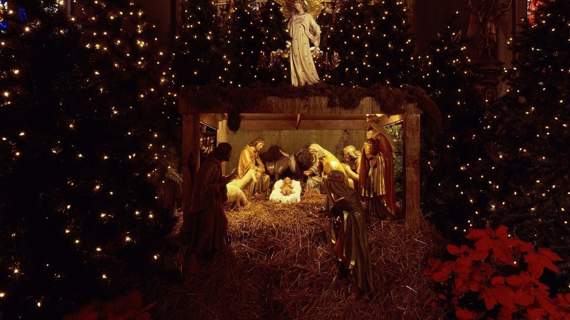 1920x1080 Preview wallpaper christmas, jesus, nurseries, christmas trees, garland,  holiday, people
