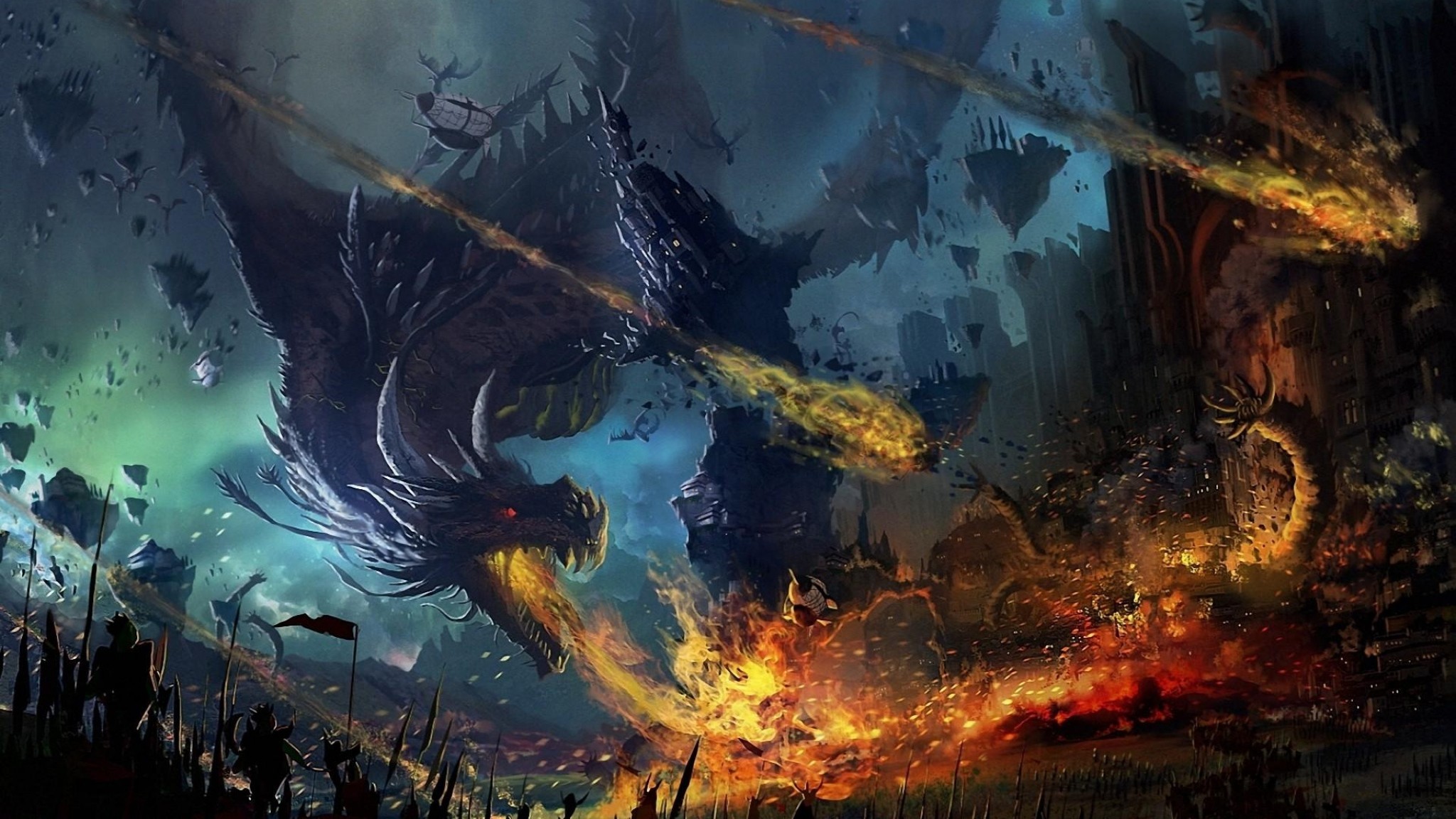 2048x1152 Preview wallpaper dragon, fall, fire, flame, war, battle 