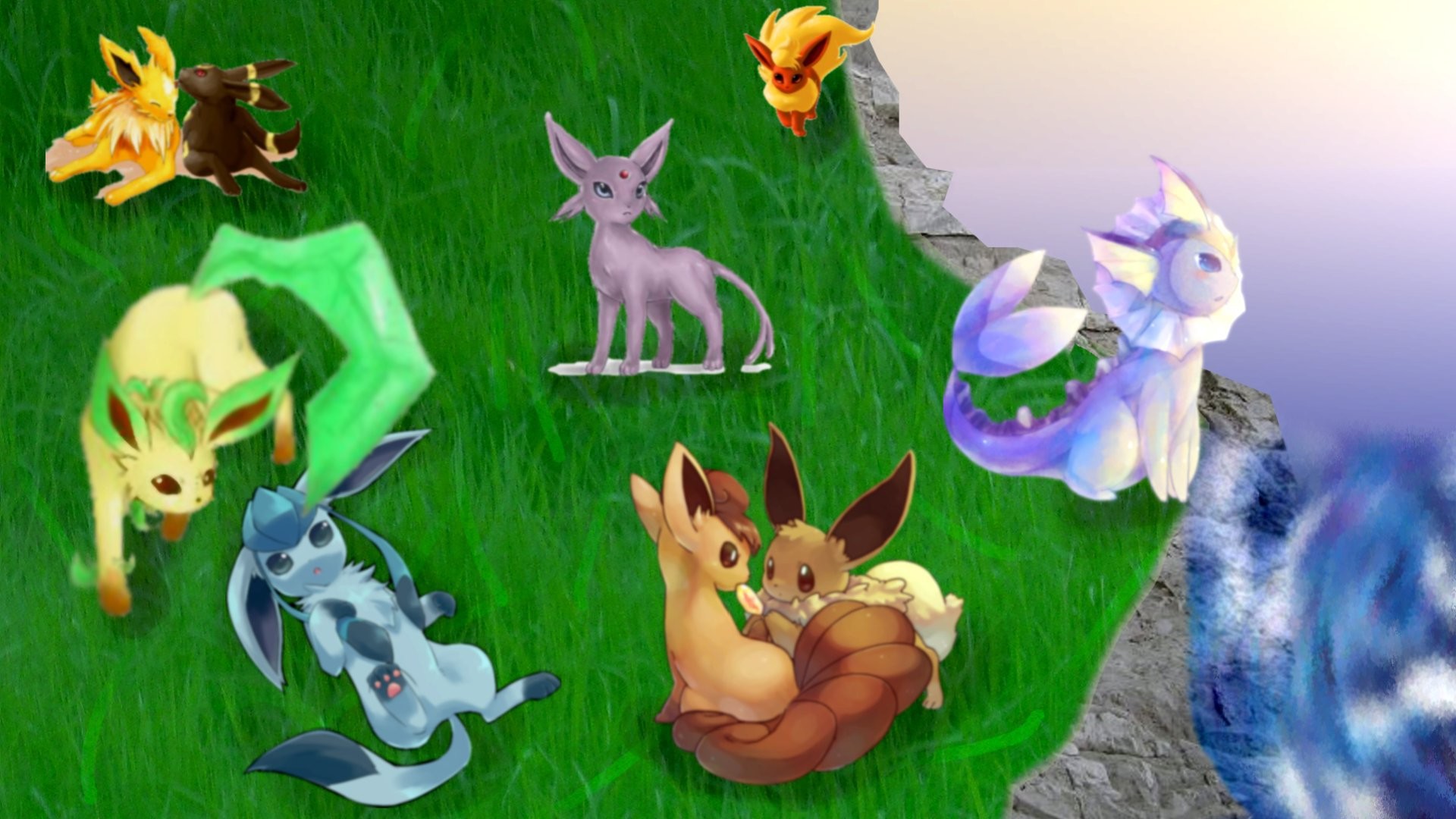 1920x1080 ... Eevee and his evolutions with Vulpix by Valyli
