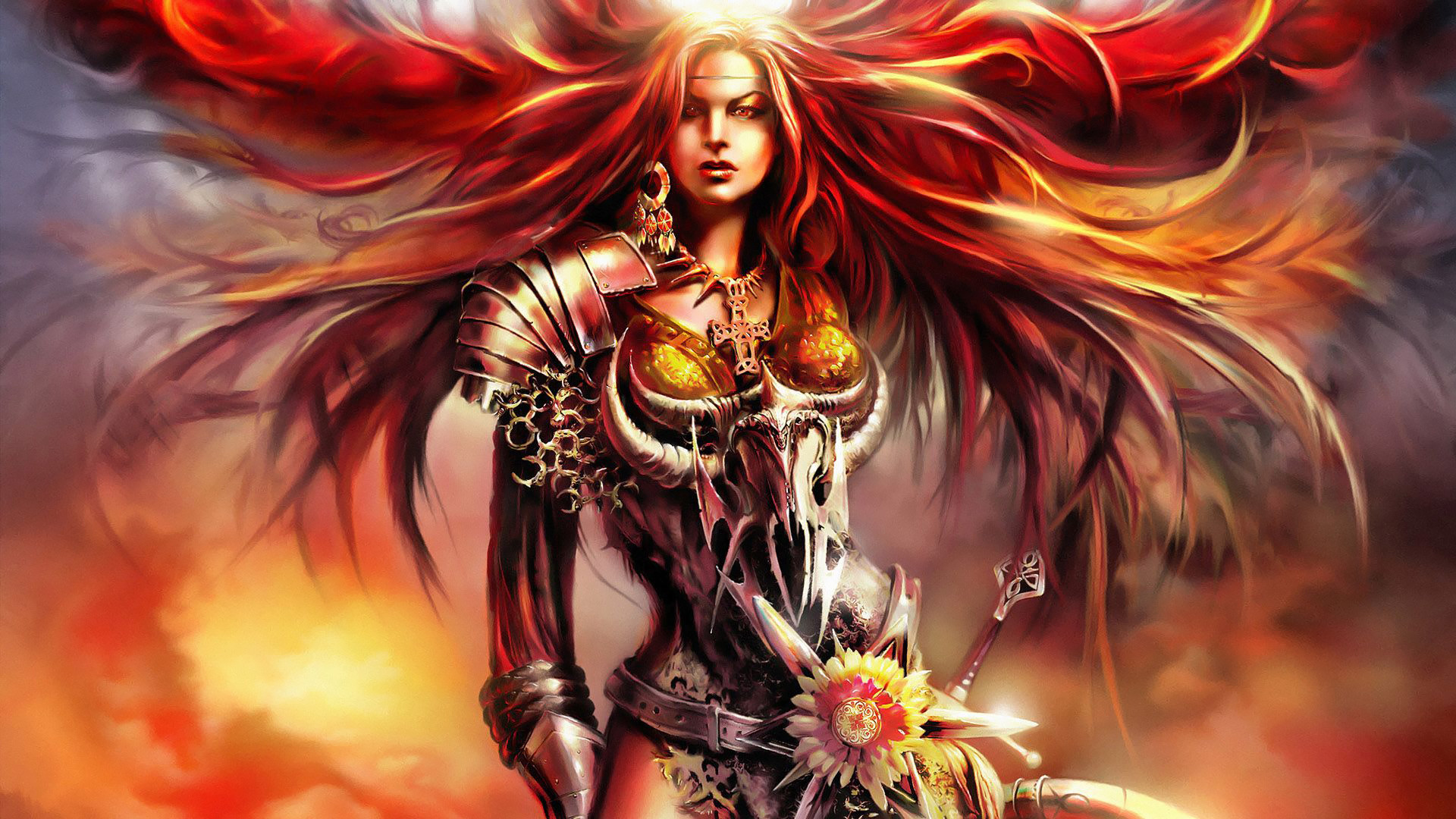 1920x1080 Fantasy - Women Warrior Red Hair Fantasy Woman Warrior Woman Girl Armor  Long Hair Red Eyes