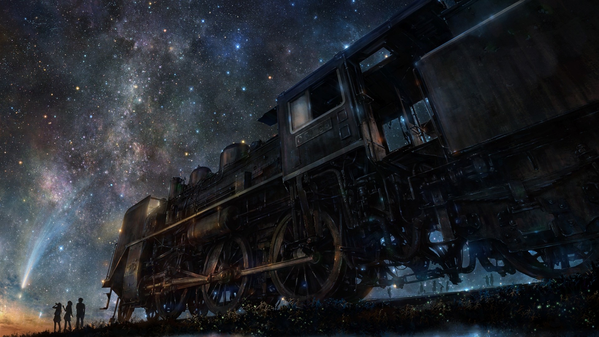 1920x1080  Wallpaper iy tujiki, art, night, train, anime, starry sky