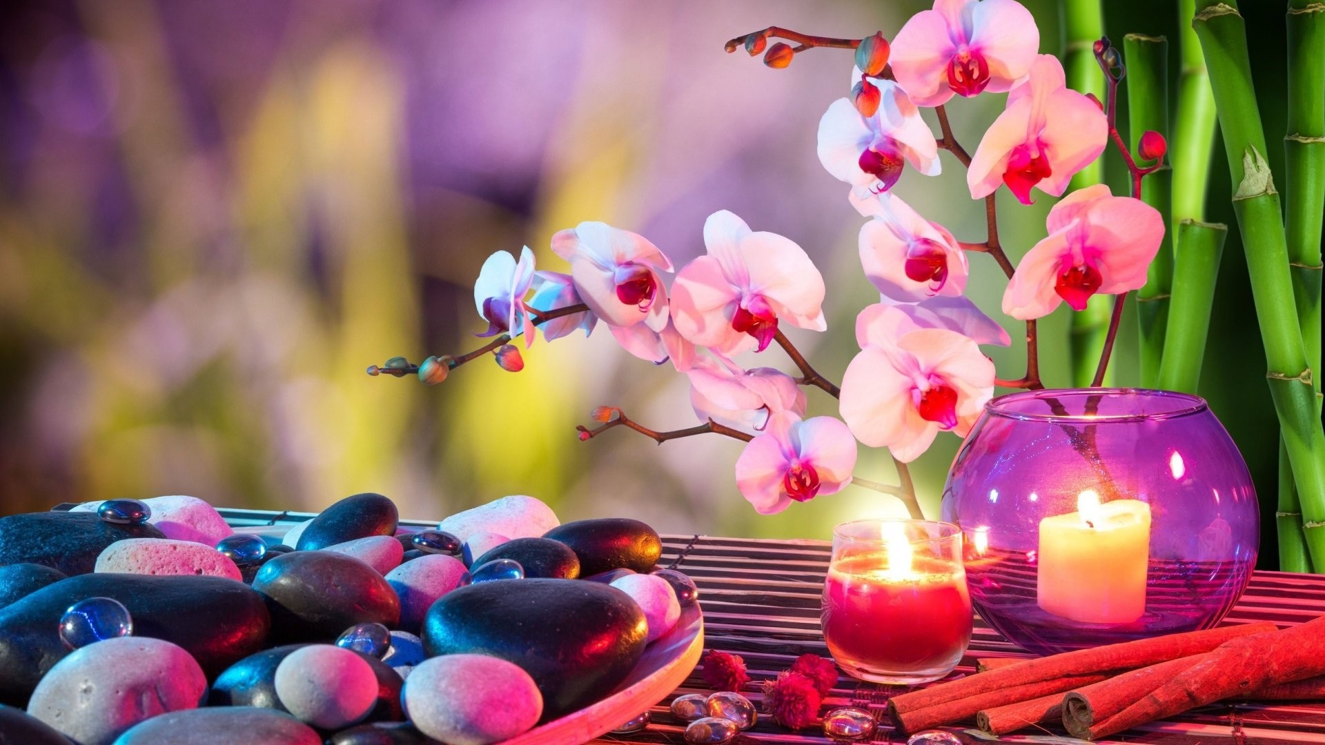 1920x1080 Candle lights stones and flowers nice wallpapers