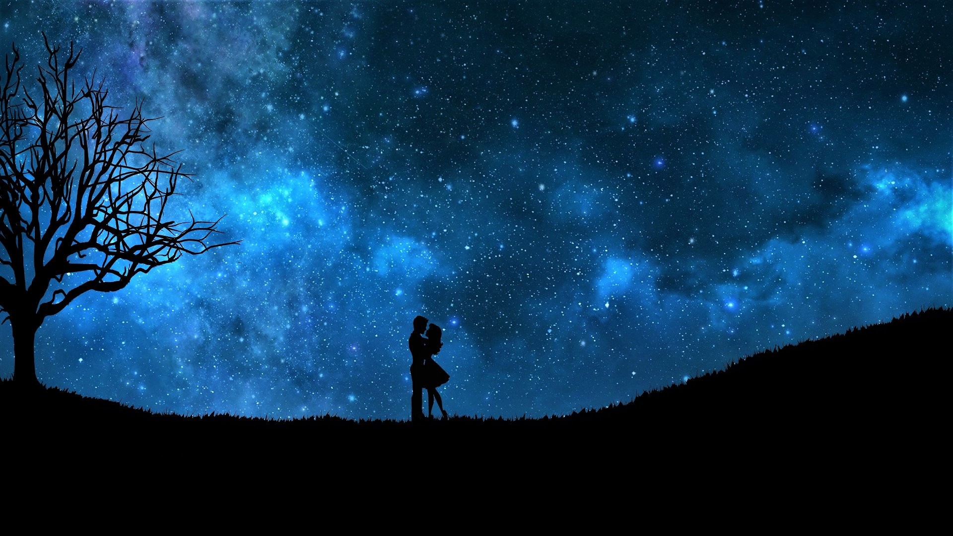 1920x1080 Artistic - Love Artistic Couple Romantic Hug Night Sky Blue Starry Sky  Silhouette Stars Wallpaper