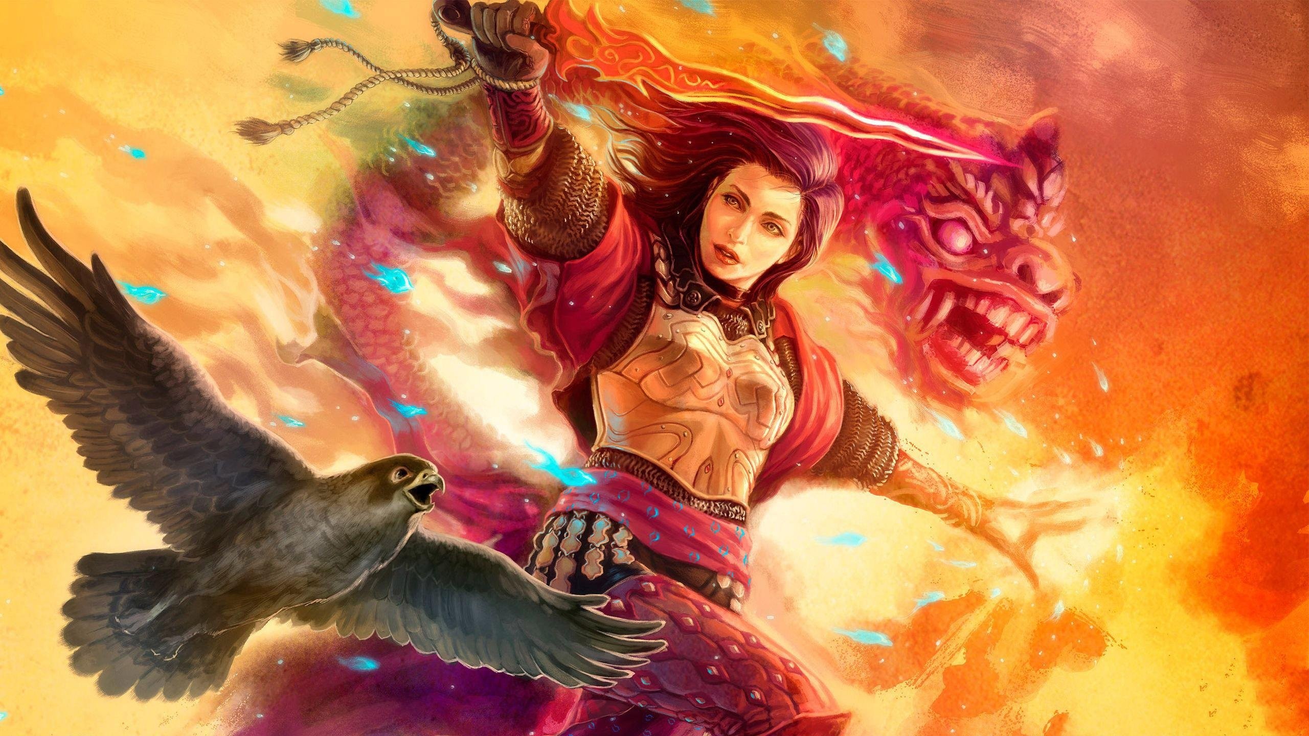 2560x1440 Woman fantasy animal warrior with falcon magic dragon wallpaper |   | 990595 | WallpaperUP