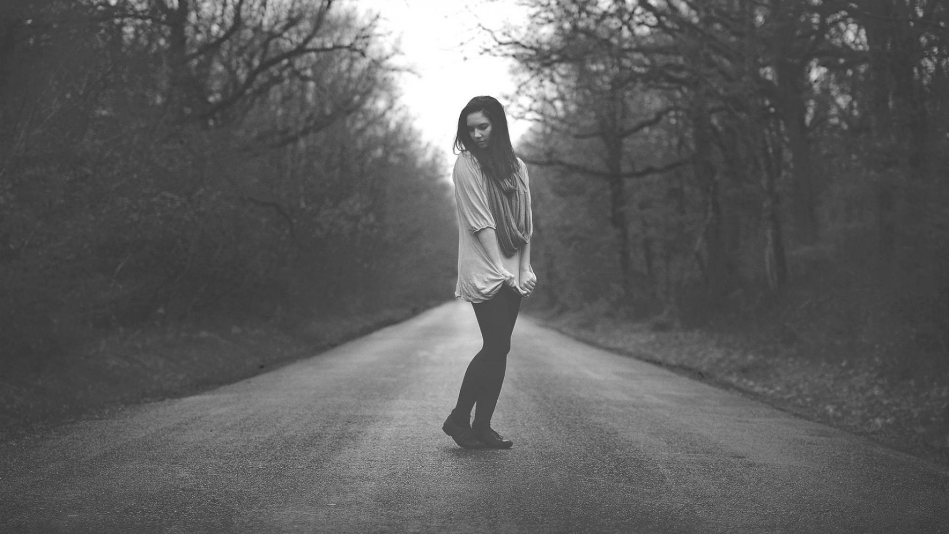 1920x1080  Wallpaper girl, road, stand, field, black white