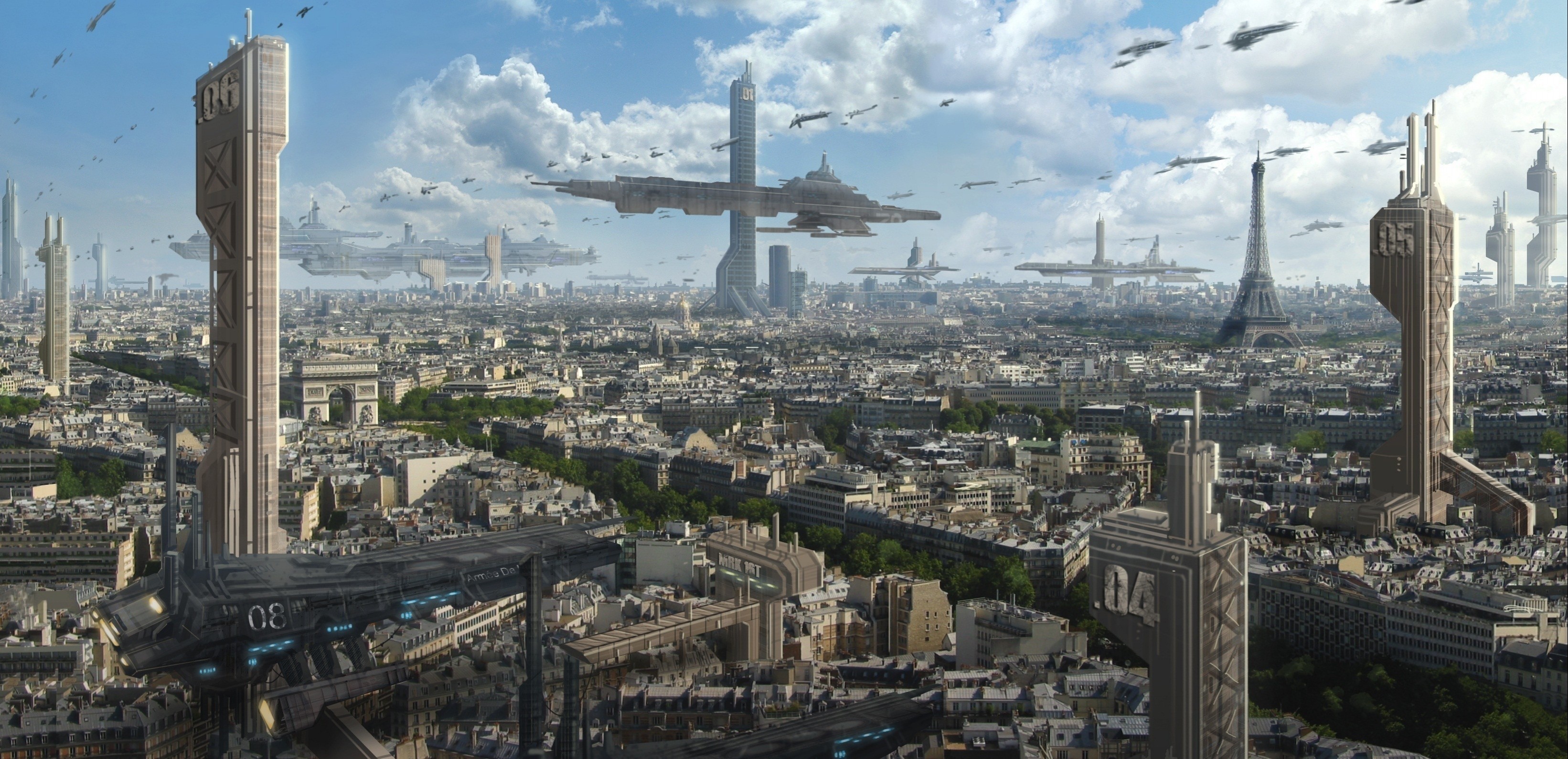 3283x1589 Paris futuristic fantasy art science fiction cities wallpaper