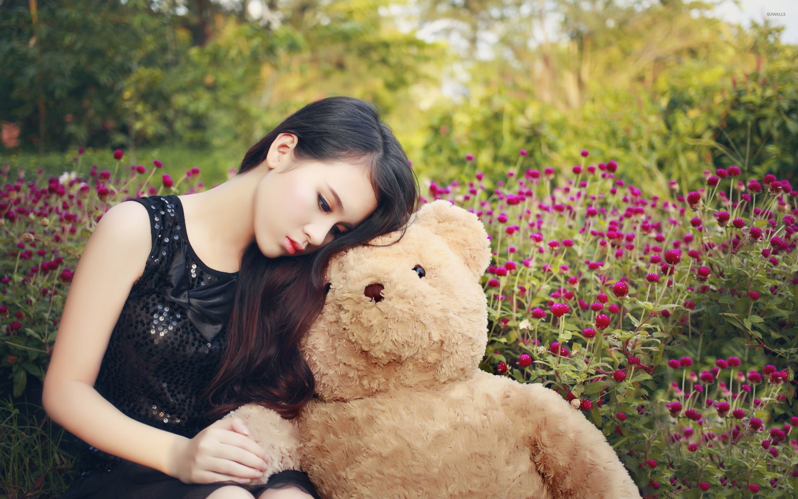 2560x1600 Cute asian girl with a teddy bear wallpaper