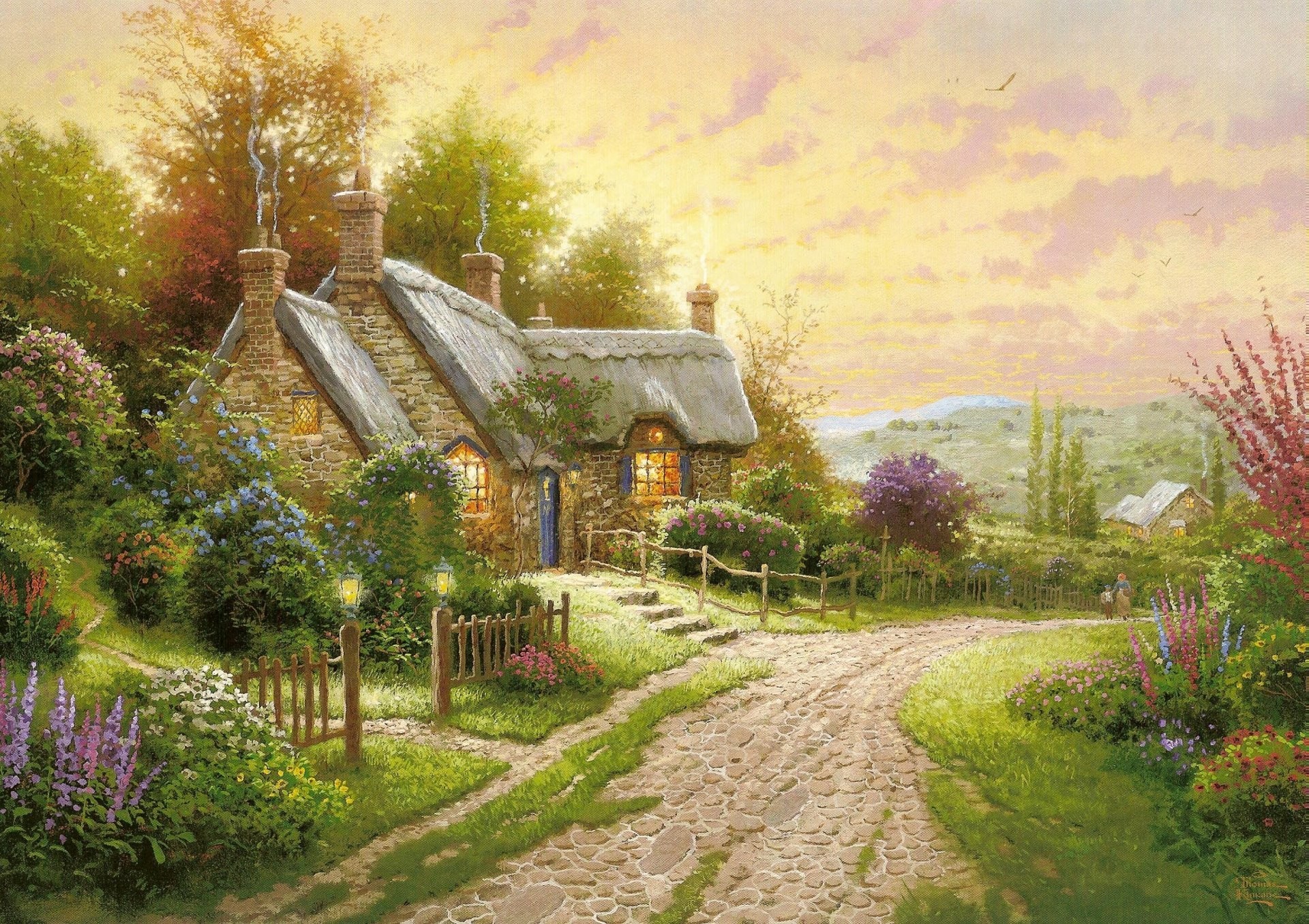 1920x1355 thomas kinkade summer cottage house flower road night pattern painting