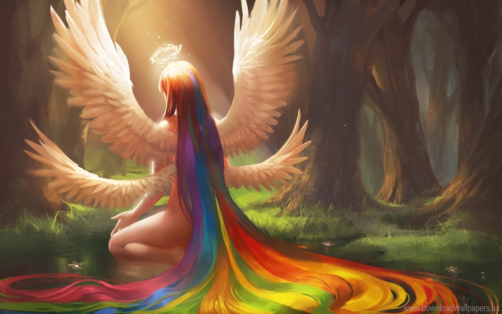 1920x1200 Download Widescreen 16:10  - Angel Halo, Art, Flowers, Forest,  Girl, Hair, Pond, Rainbow, Sakimichan, Water, Wings Wallpaper