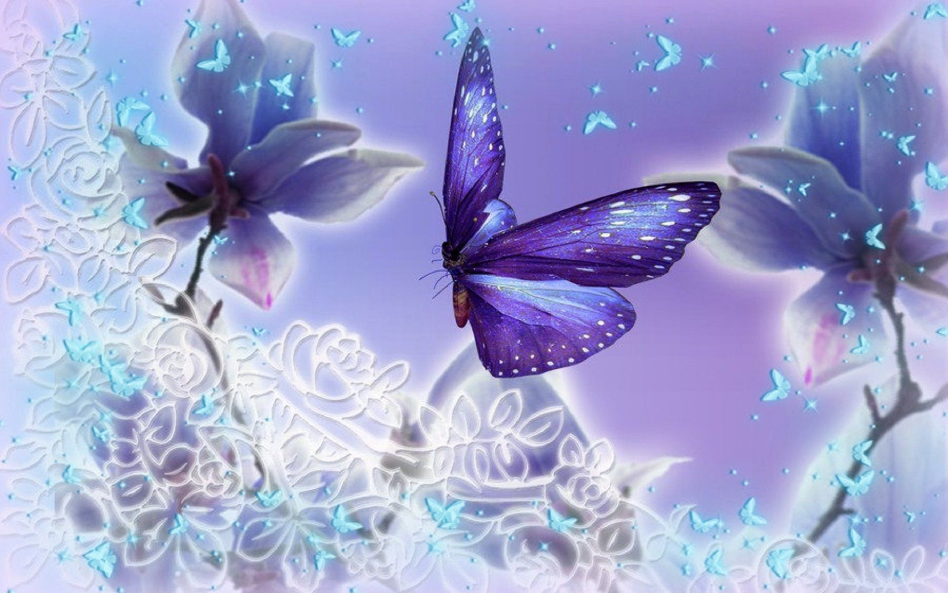 1920x1200 Light purple and pale blue butterflies.