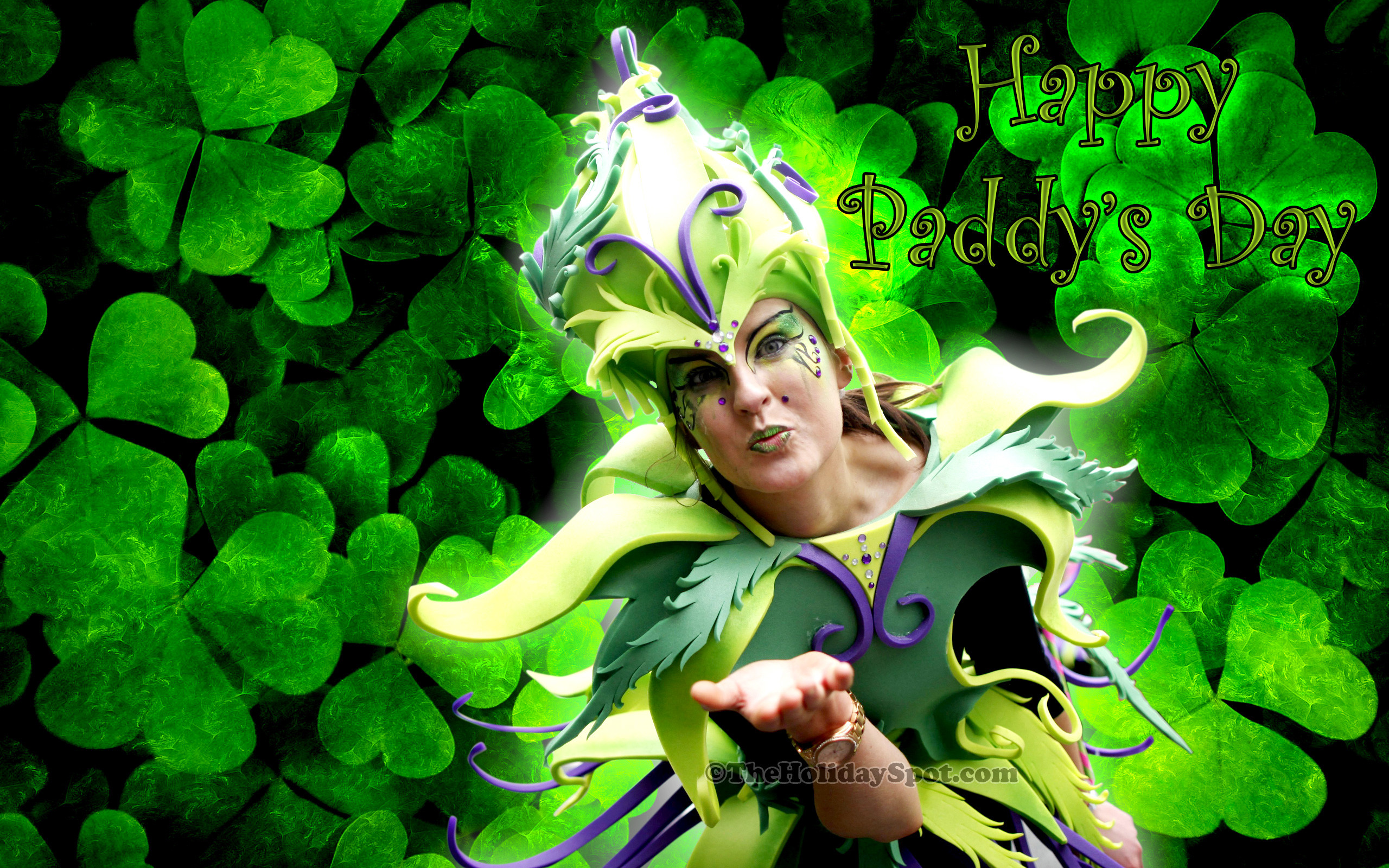 2560x1600 A woman dressed in green outfit wishing Happy Paddys Day wallpaper.