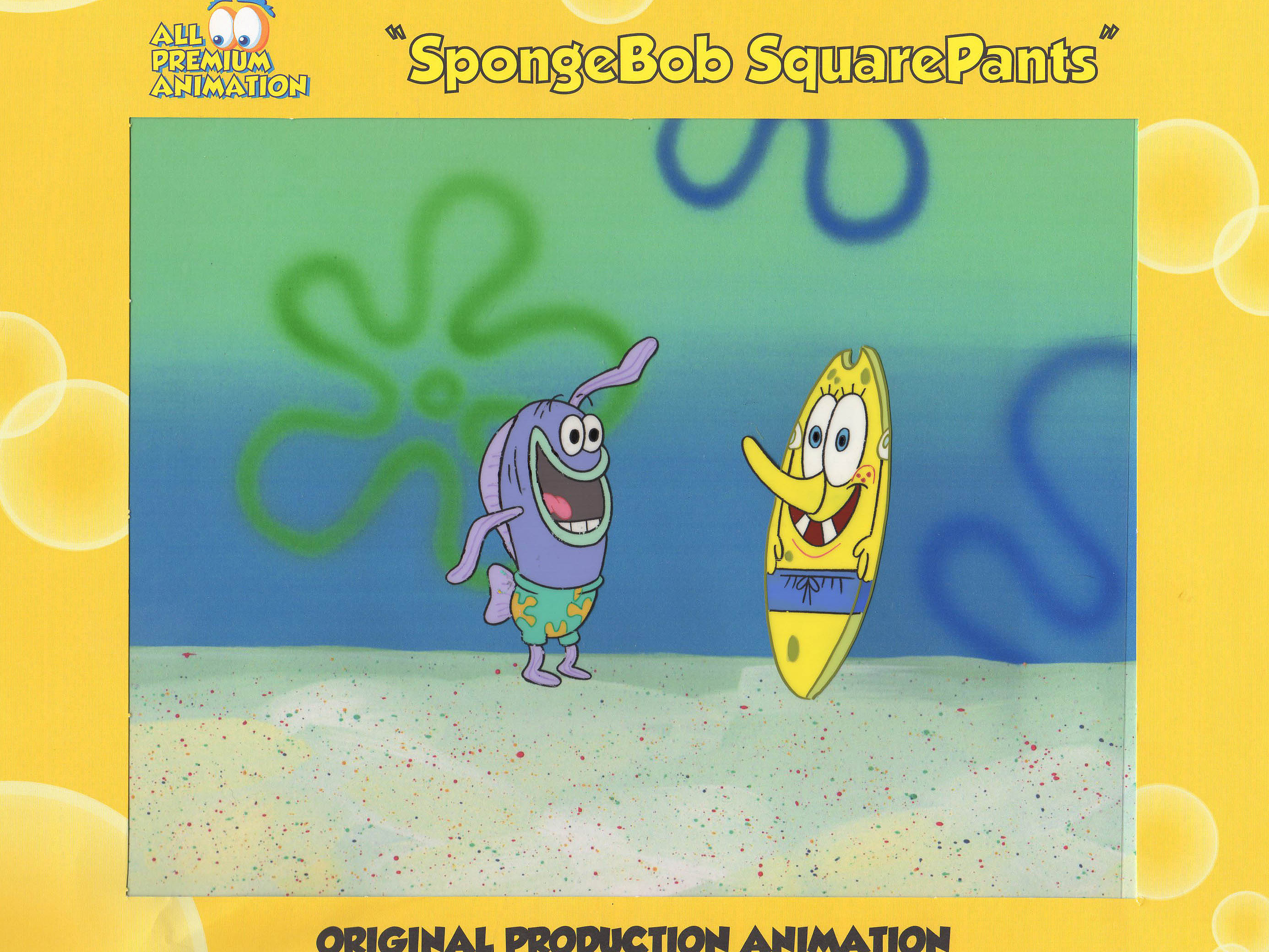 2772x2079 2 Production Cels ( Scooter the surfer boy and Spongebob turned into a surf  board from "WALKING SMALL" #5545 on matching copy background.