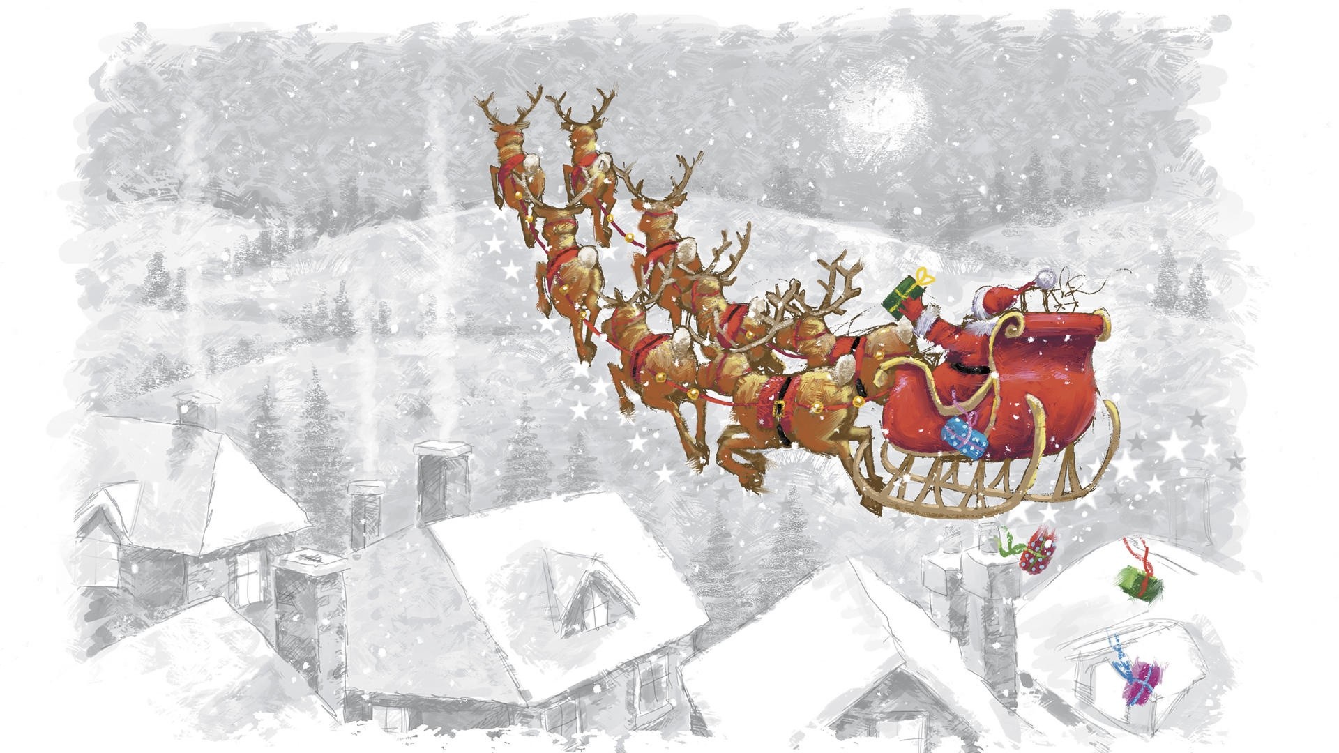 1920x1080  Wallpaper santa claus, reindeer, presents, sleigh, flying