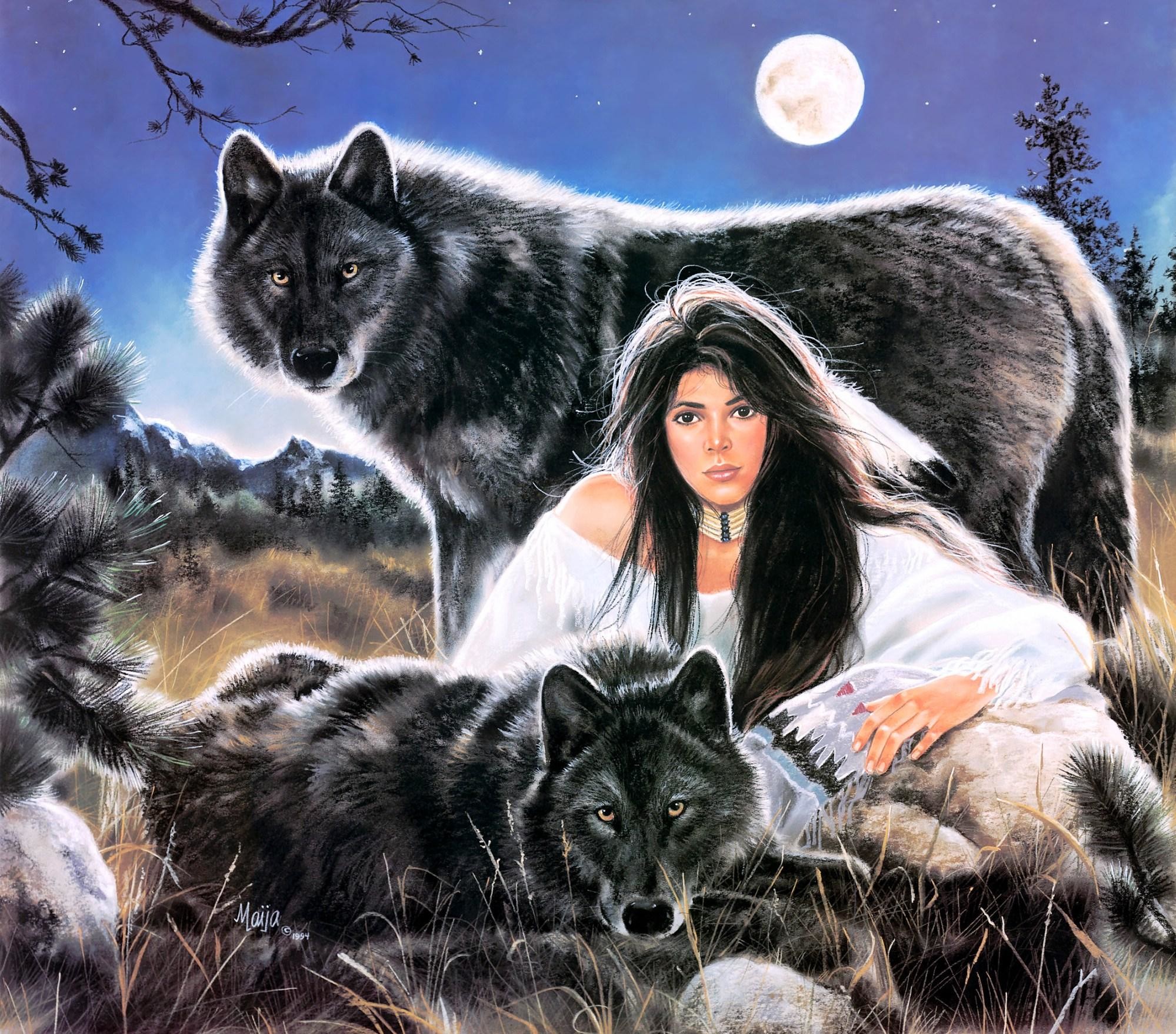 1999x1757 Girl Wolfs wallpaper