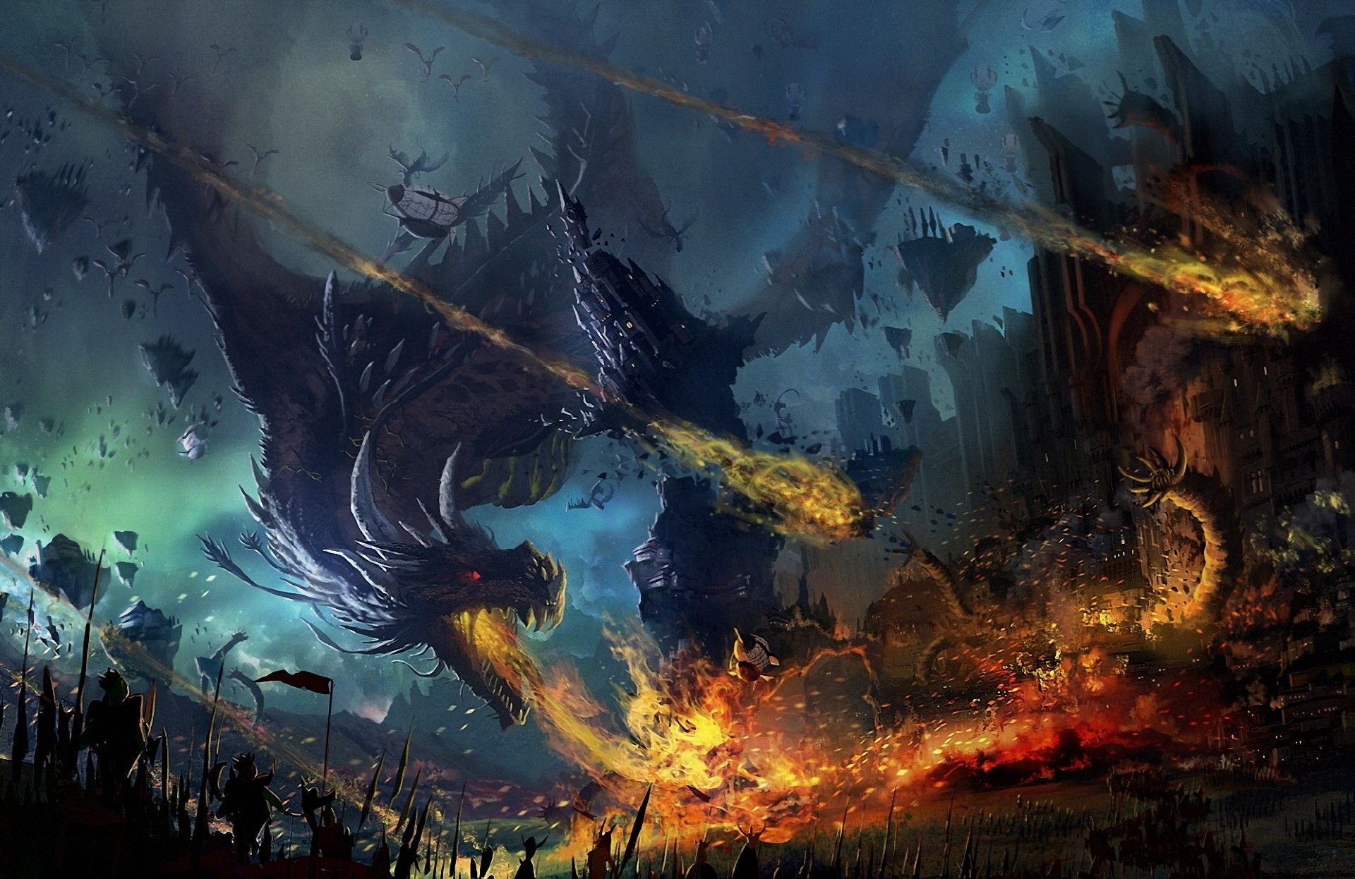 1920x1246 Fantasy Dragon Warrior Fantasy Fire Battle City Wallpaper