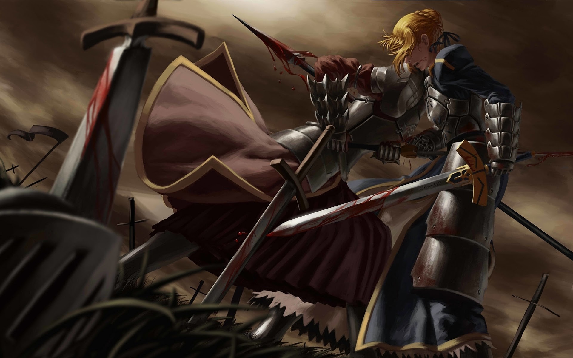 1920x1200 saber fighting fate stay night wallpaper anime blonde armor girl sword .