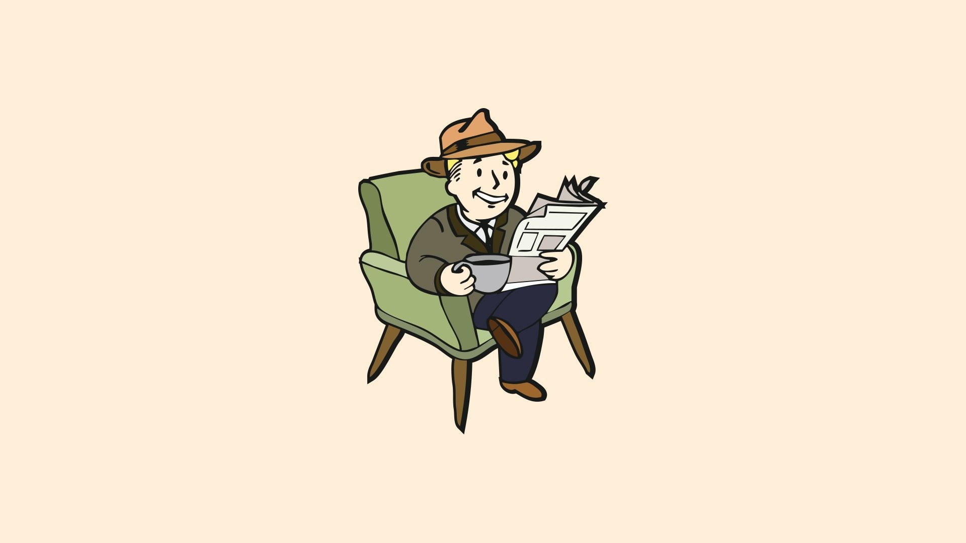 1920x1080 HD Wallpaper Of Vault Boy Having A Cup Of Coffee And Reading Newspaper |  PaperPull