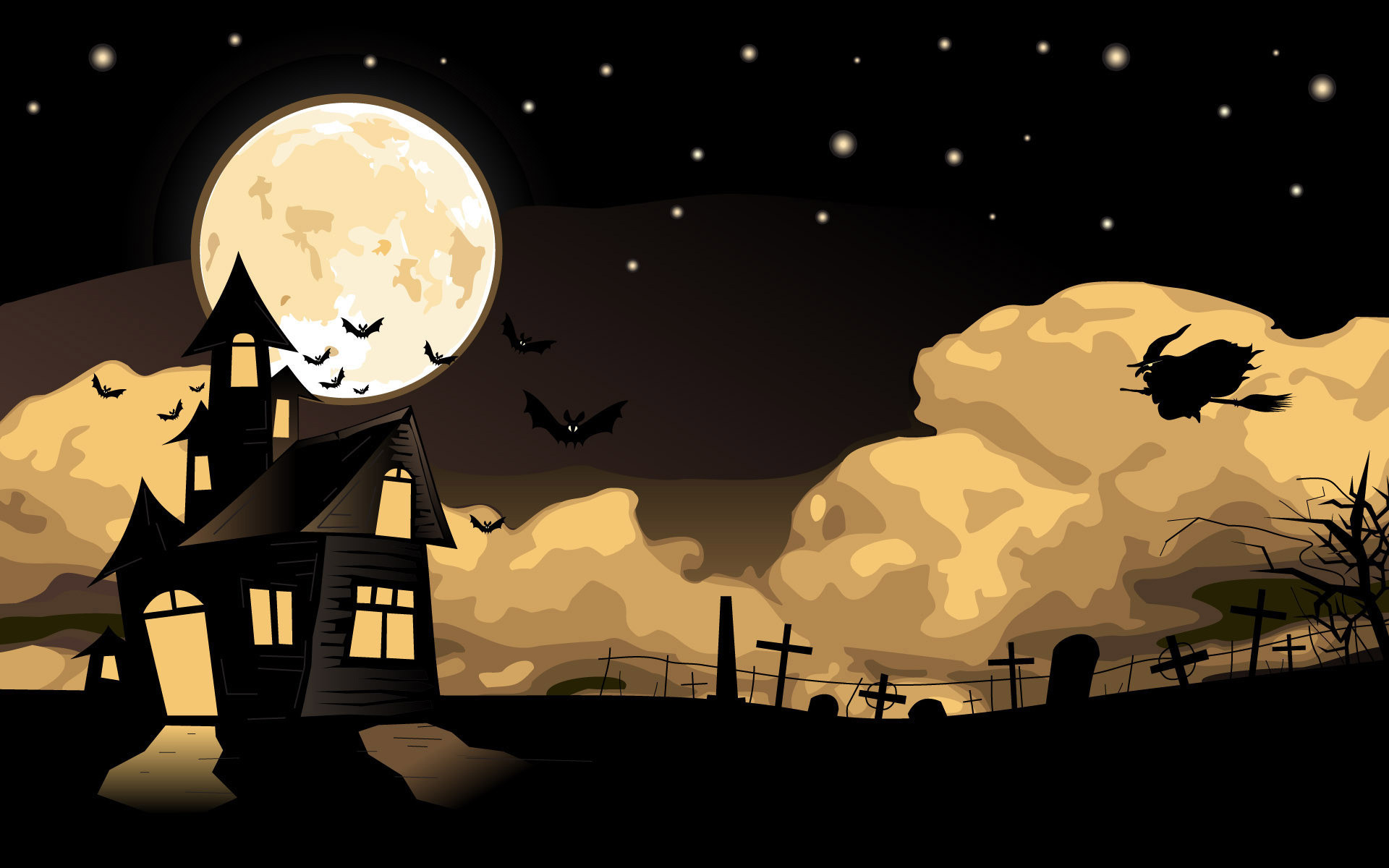 1920x1200 ... happy halloween witch riding a broom coming home on a moonlit night  cemetery bats star vector