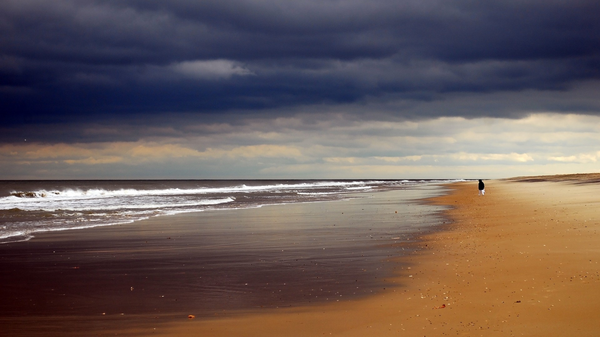 1920x1080 Preview wallpaper beach, sand, coast, ocean, person, loneliness, cloudy,