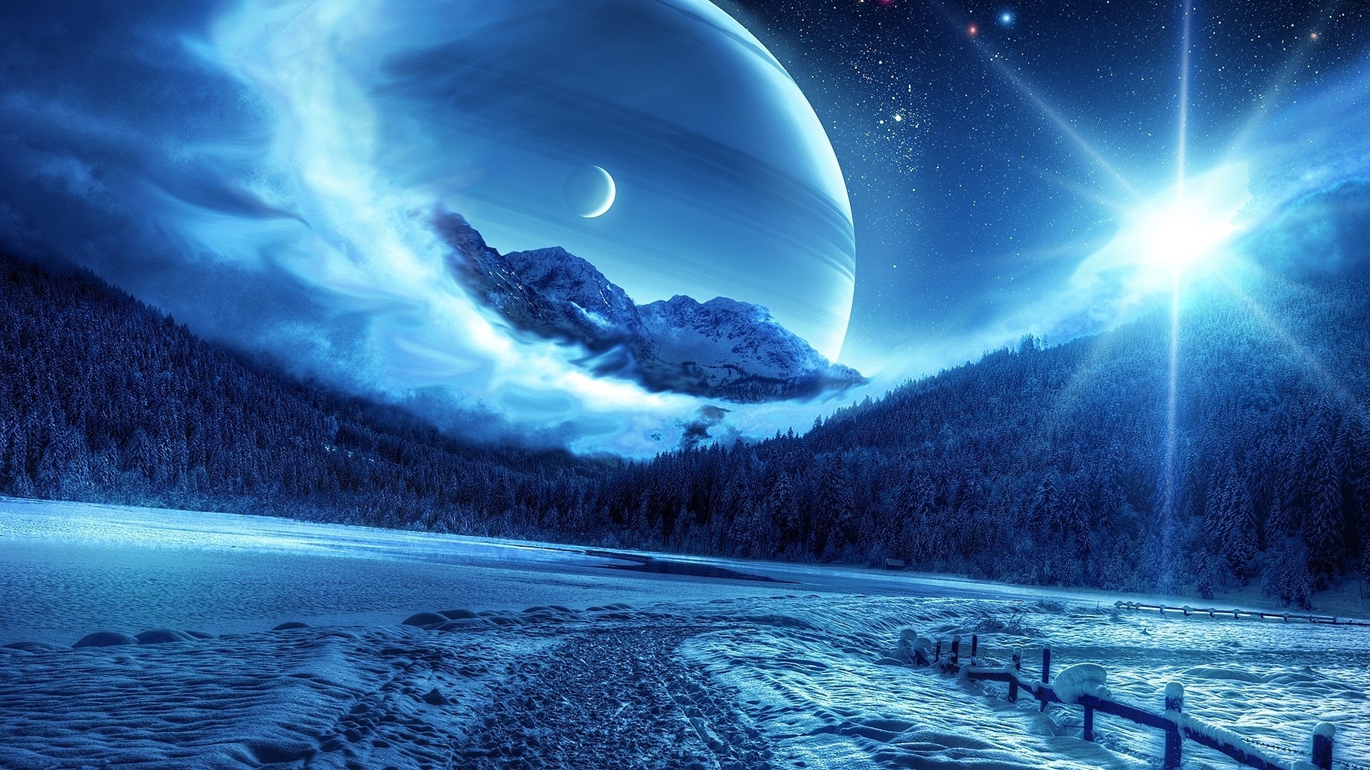 1920x1080 Preview wallpaper winter, night, mountains, road, planet, fantastic  landscape 