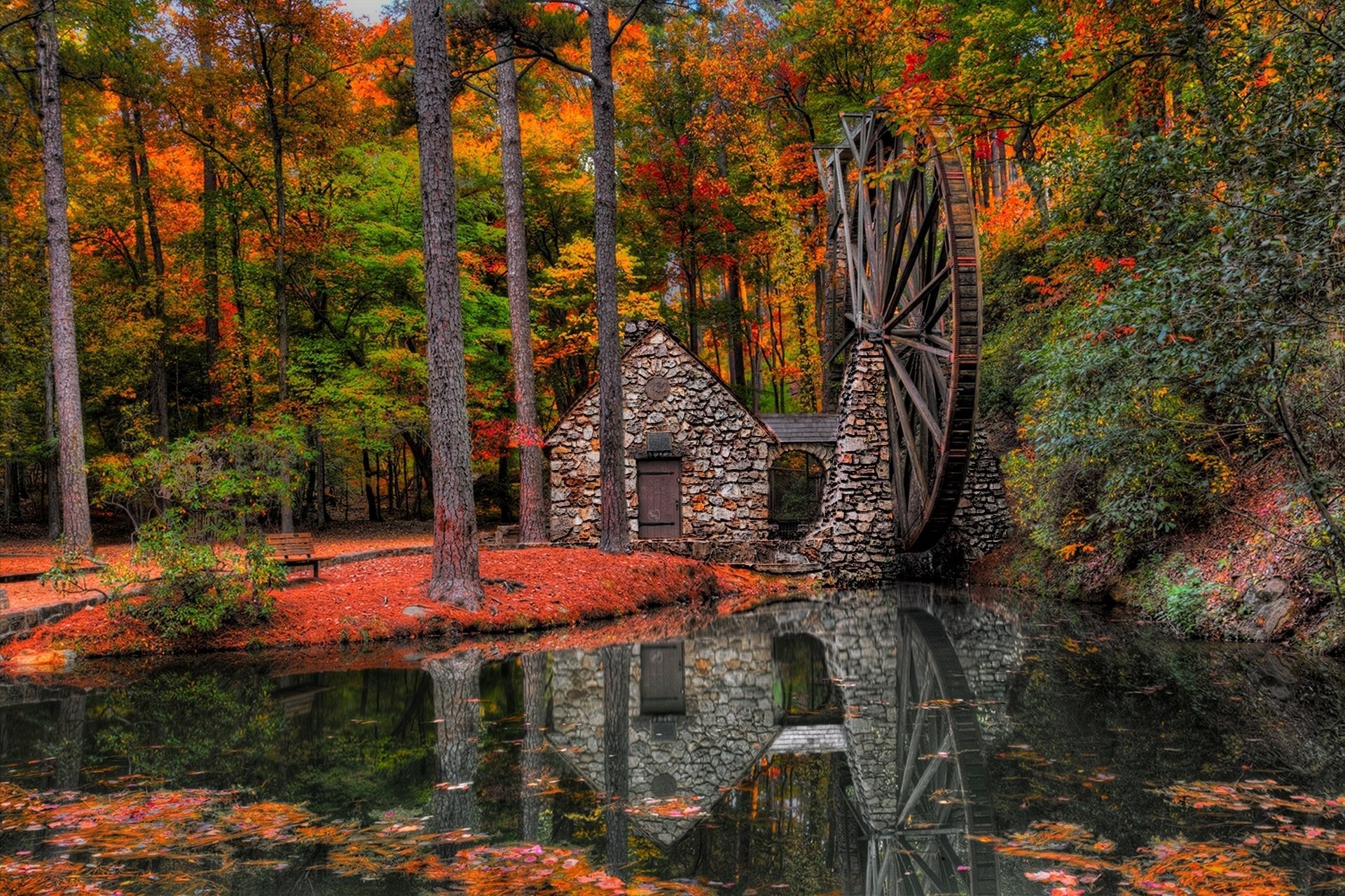 1920x1279 leaves water mill mill park alley trees forest autumn walk hdr nature river  water view fall
