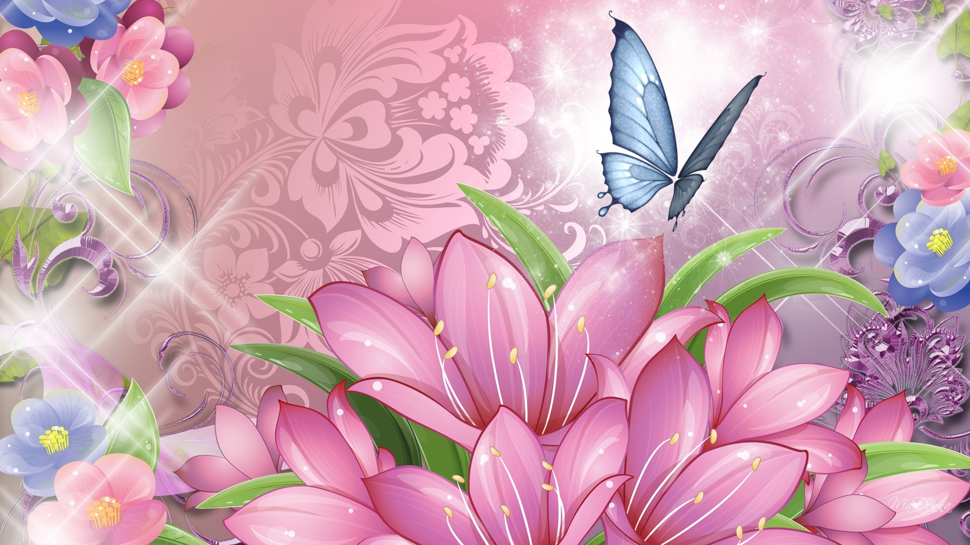 1920x1080 Blue Butterfly and Pink Flowers Wallpaper HD