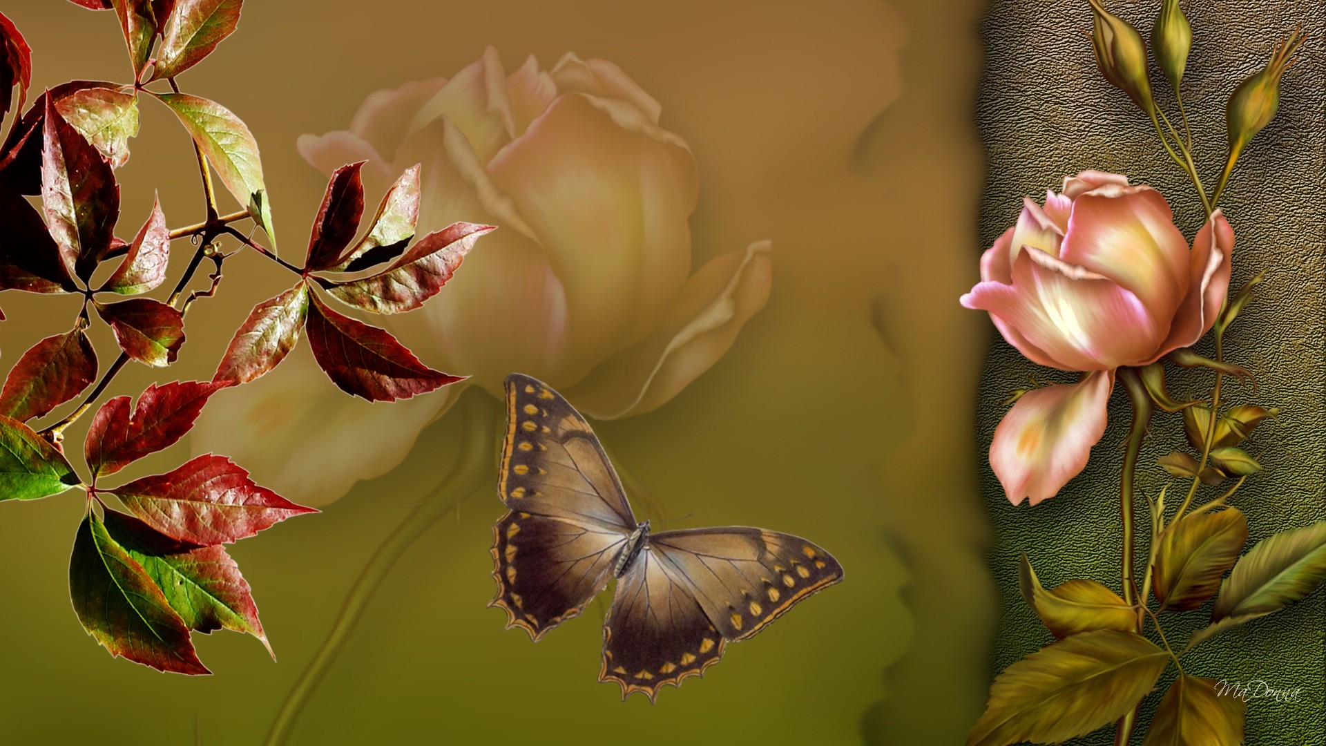 1920x1080 Butterfly Firefox Shadow Rose Persona Leaves Fall Autumn Flower W...