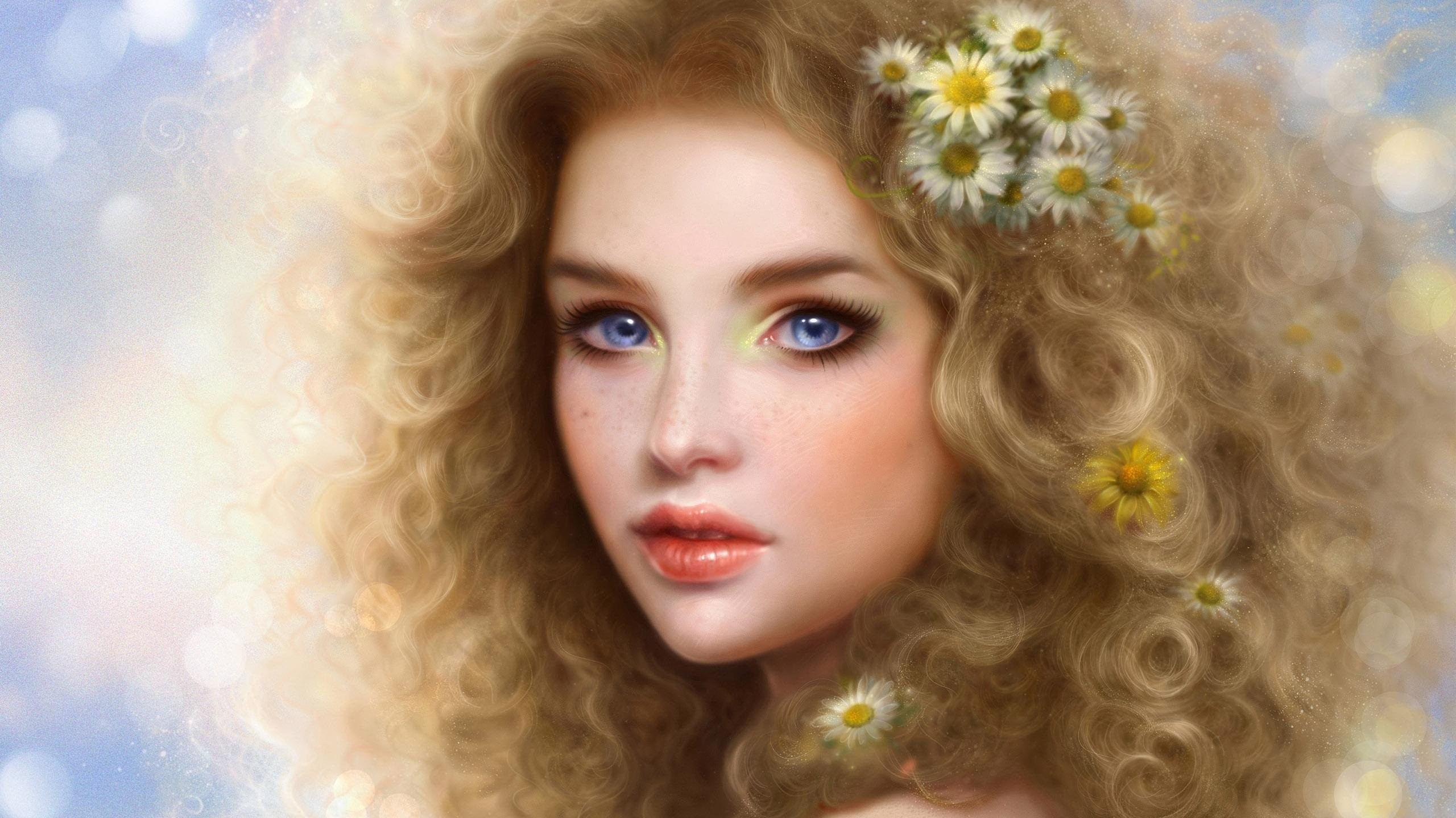 2560x1440 Fantasy girl blue eyes beautiful face blonde girl daisy hair flower  wallpaper |  | 594493 | WallpaperUP