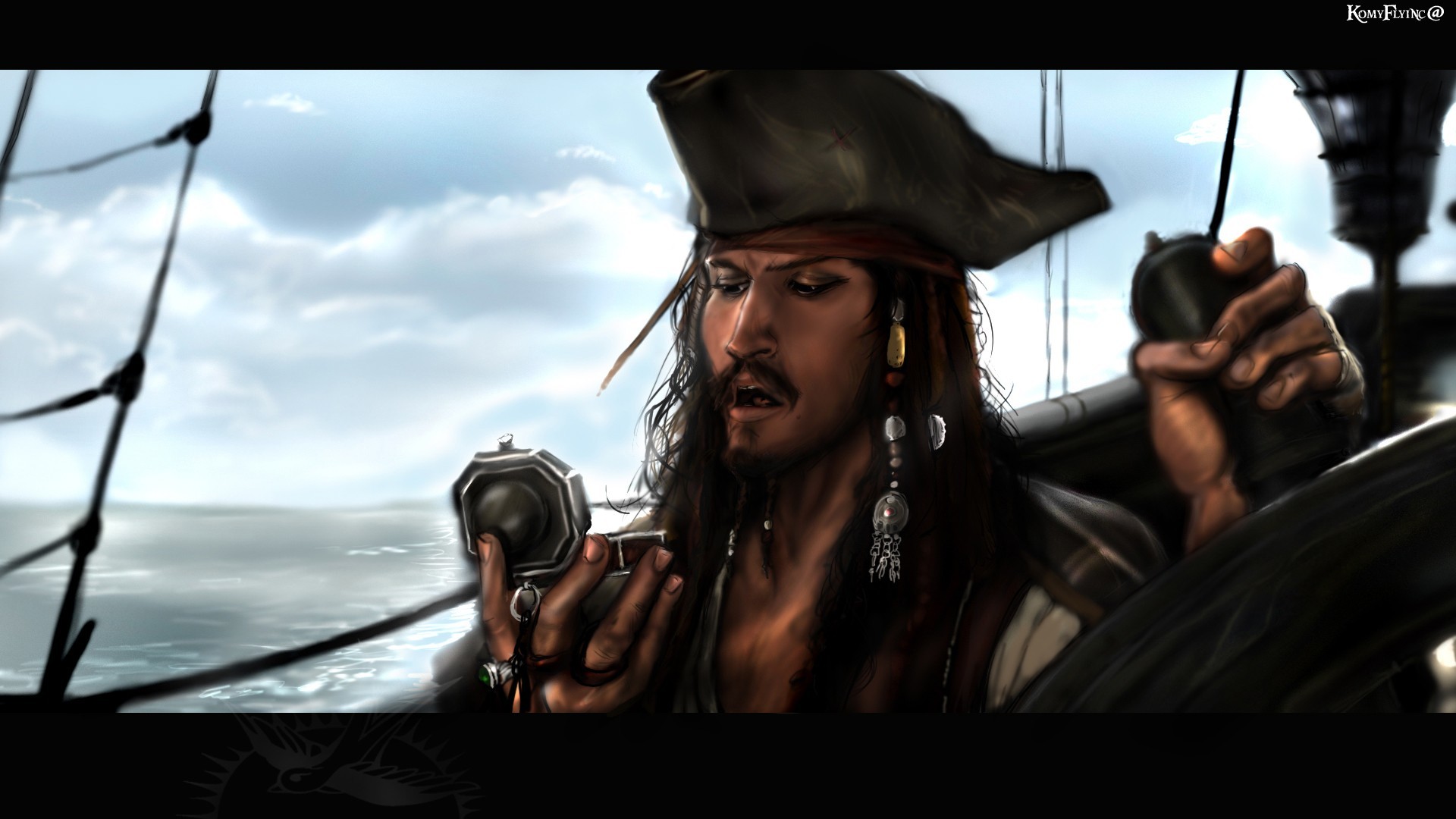 1920x1080 paintings clouds pirates Pirates of the Caribbean digital art Captain Jack  Sparrow hats airbrushed fan art black hair black pearl compass / Wallpaper