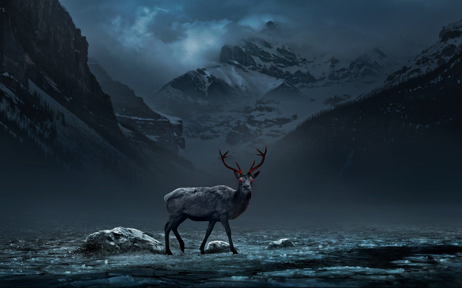 1920x1200 Wallpaper deer, mountain, river, horns, mount moran, grand teton .